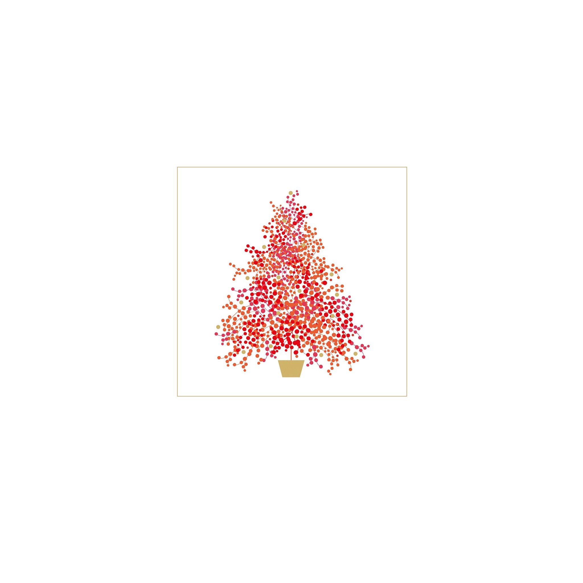 Minimalistische kerstboomillustratie geïnspireerd op feestelijke boomprint, met rode, roze en oranje stippen in bruin potje. Centraal op wit met dunne rand-ideaal voor PPD Papieren Servetten Season's Tree 25/25 sets.