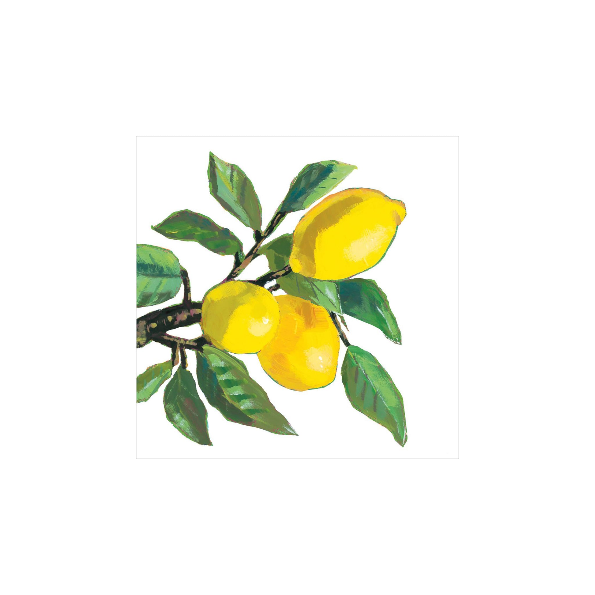 PPD Papieren Servetten Citroen Museum Wit 33/33 hebben een aquarelontwerp van drie felgele citroenen op een tak met groene bladeren, perfect voor tafelschikking of als decoratie op tafel. Gemaakt van 3-laags FSC papier van PPD.