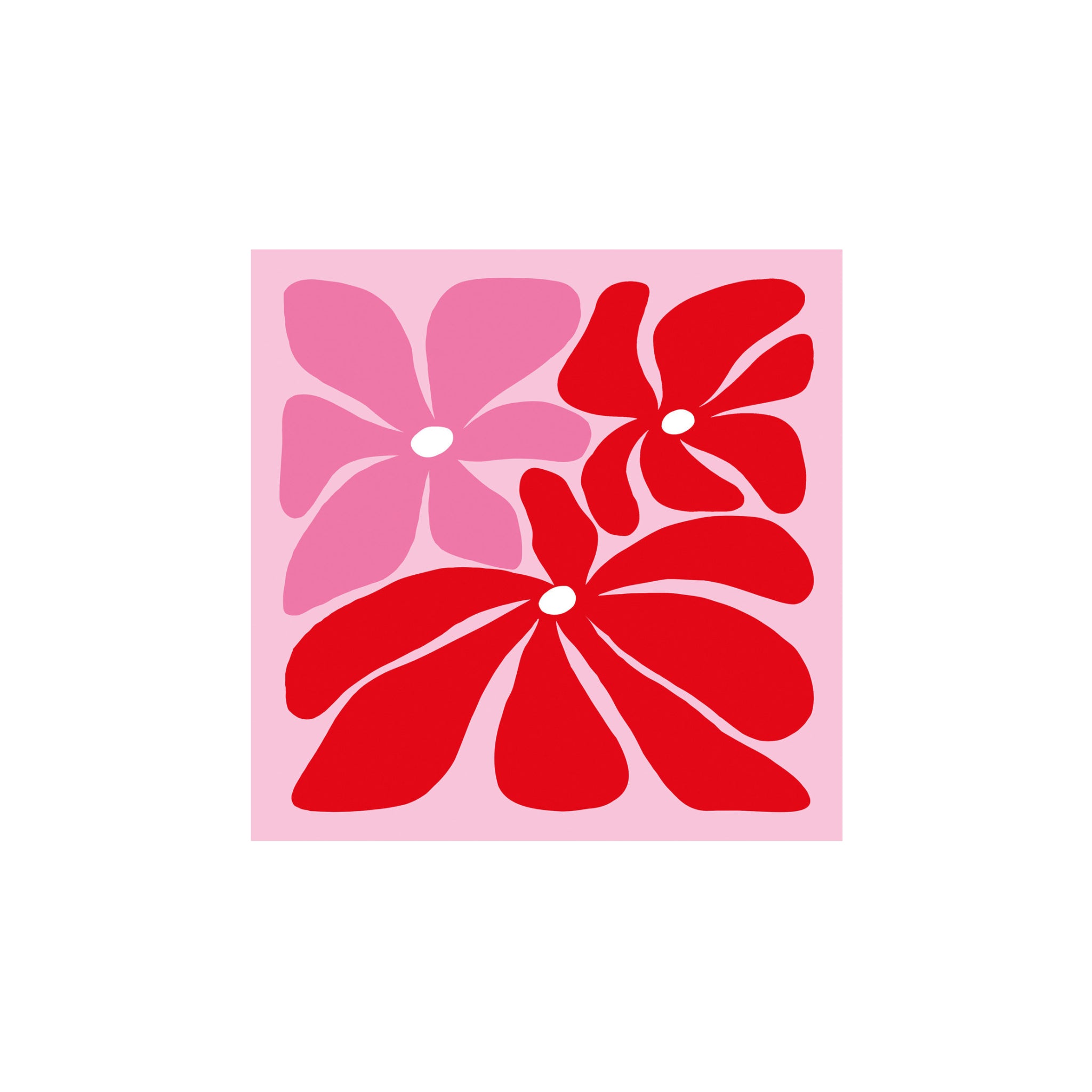 Een minimalistische illustratie van drie abstracte bloemen - twee rode, één roze - siert de PPD Papieren Servetten Floralie 33/33 van PPD, gemaakt van 3-laags FSC-papier. Perfect voor tafelschikking of om stijl toe te voegen aan je gedekte tafel.