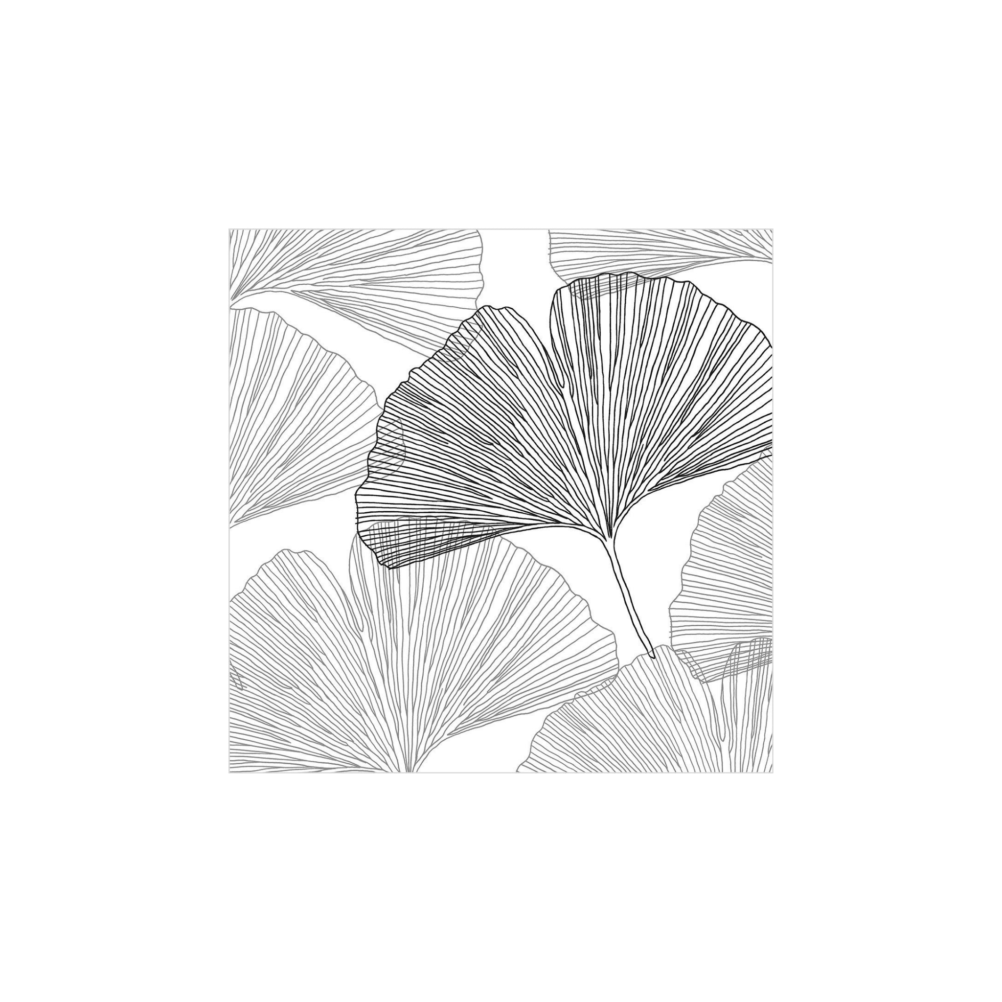 Zwart-wit lijntekening van overlappende ginkgobladeren met fijne patronen - ideaal voor tafelschikking of afdrukken op PPD Papieren Servetten Gingko Bladeren 33/33 van PPD, gemaakt van 3-laags FSC-papier.