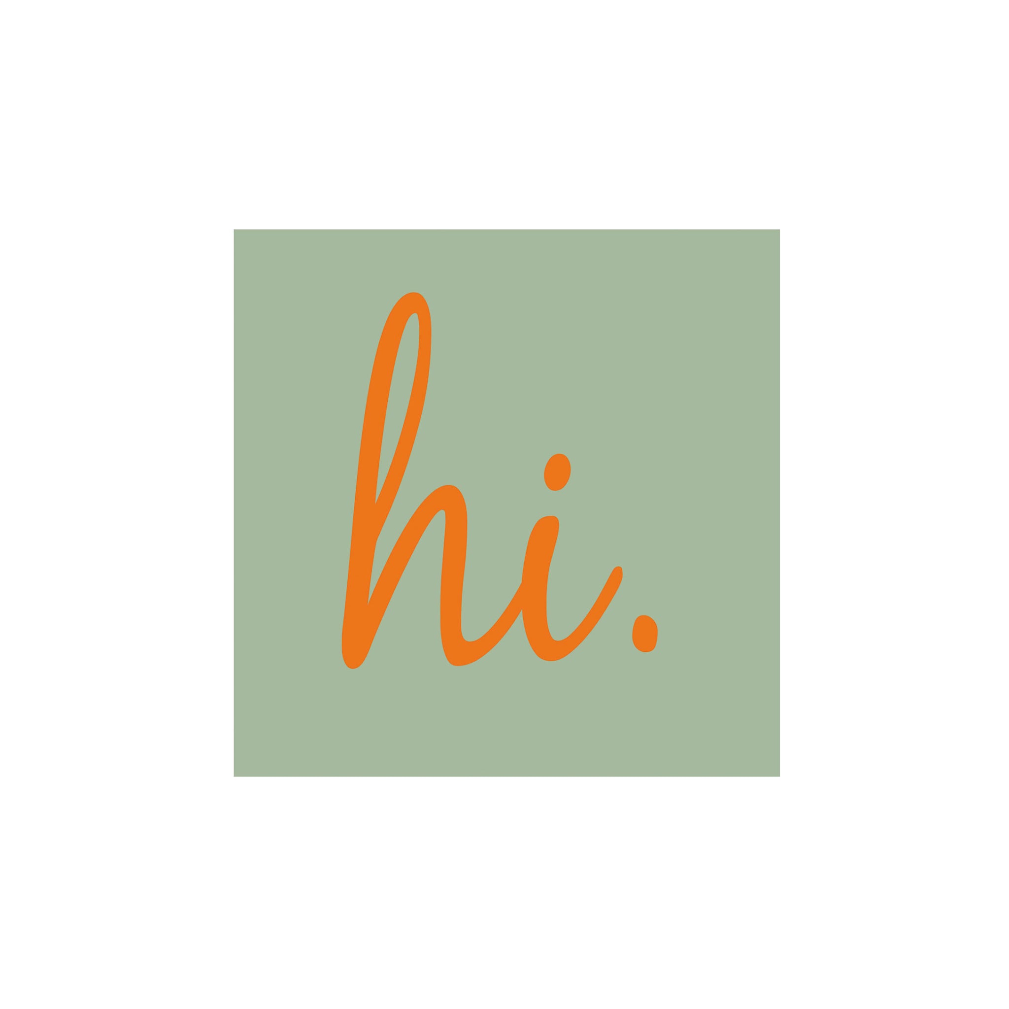 De PPD Papieren Servetten Hi 33/33 hebben een groene rechthoek met "hi." in vet, oranje cursief op een witte achtergrond - ideaal voor tafelschikking of om te combineren met andere 3-laags FSC papierproducten van PPD.