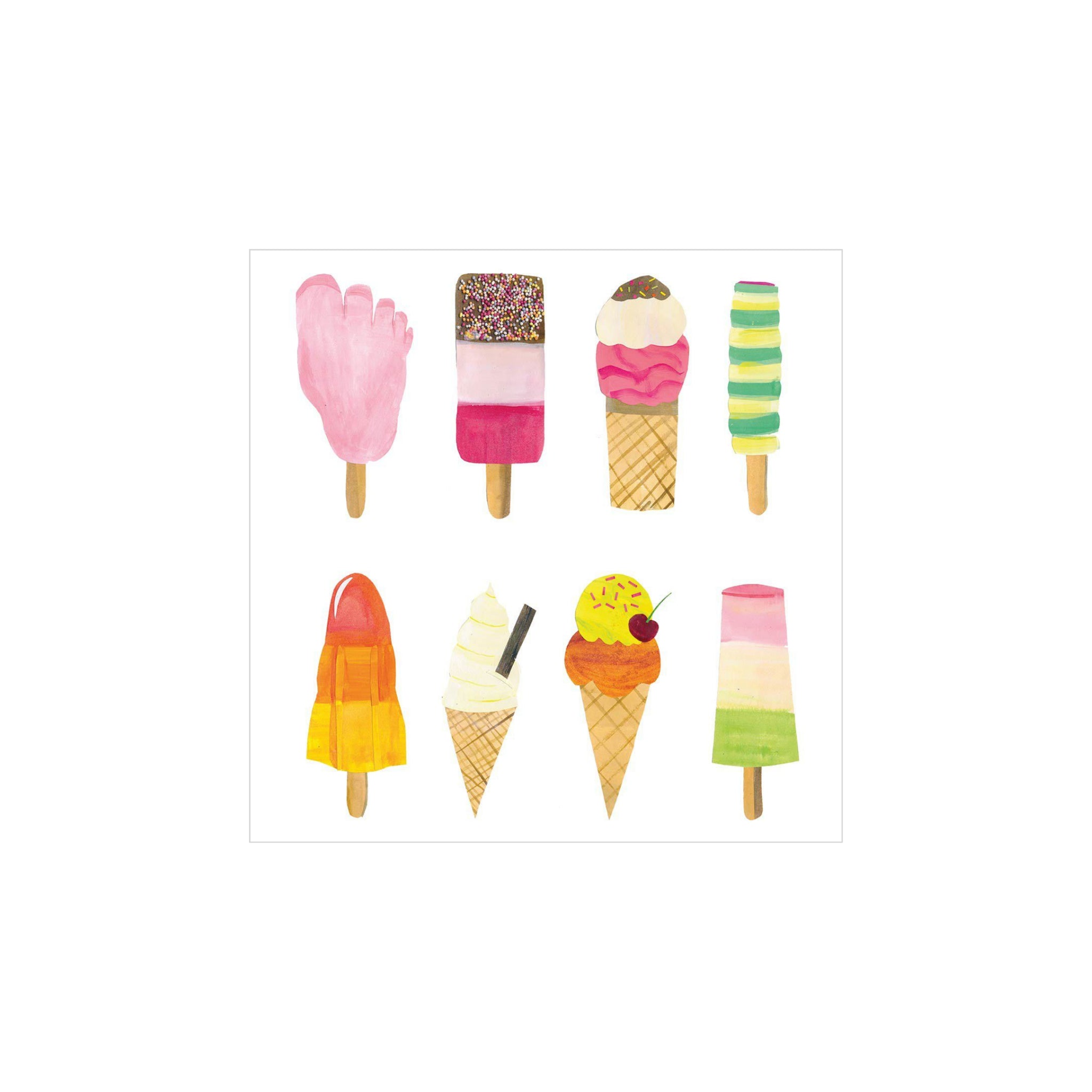 Acht levendige ijsjes en ijslolly's, zoals een roze voetvormige pop en een bar met hagelslag, zijn gerangschikt op wit - perfect om elke tafel op te fleuren met PPD Papieren Servetten Ijsjes 33/33 van PPD, gemaakt van 3-laags FSC-papier.