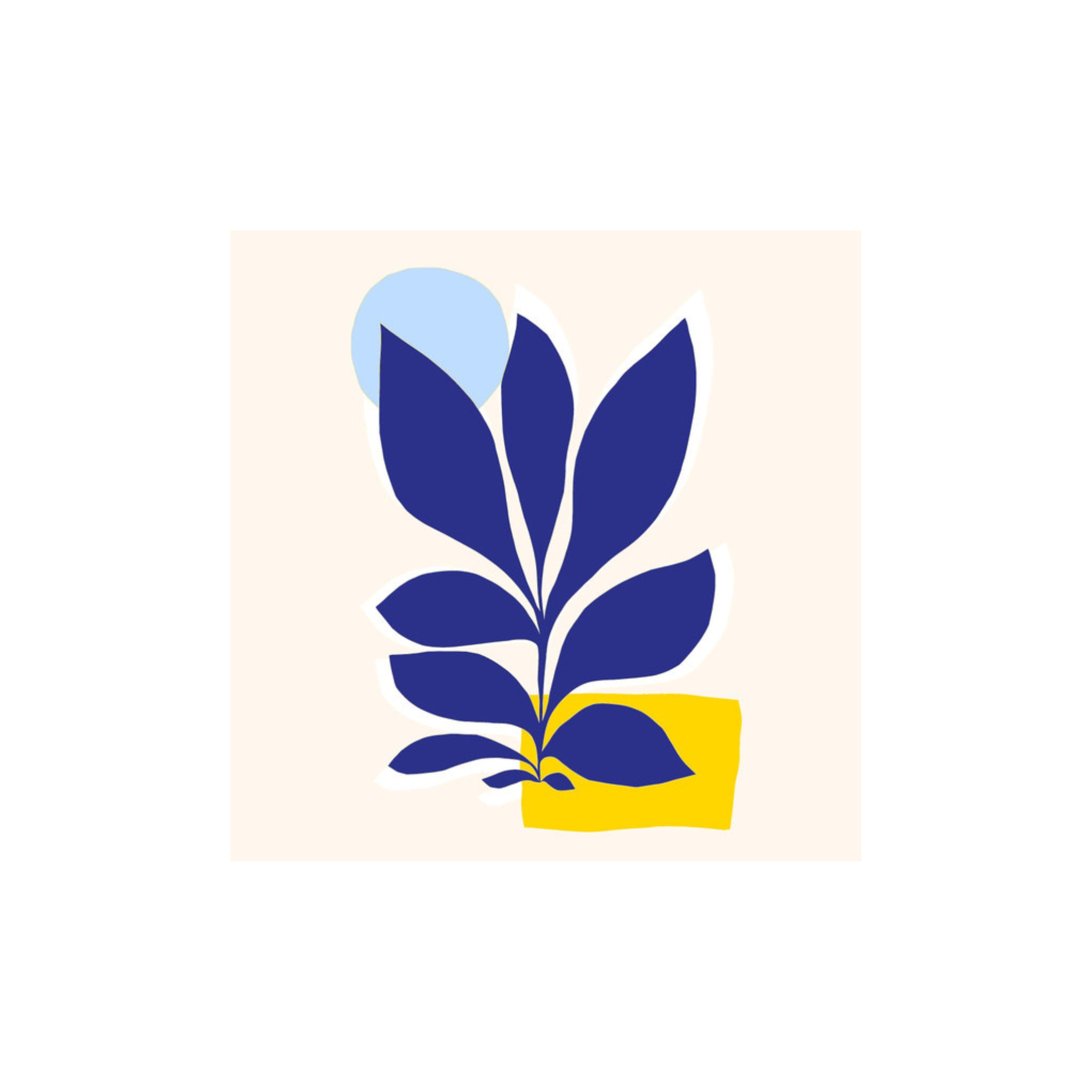 Minimalistische illustratie van een donkerblauwe bladplant met abstracte vormen op een lichtbeige achtergrond - ideaal voor tafelschikking of afdrukken op PPD Papieren Servetten Maritime Village 33/33 van PPD.