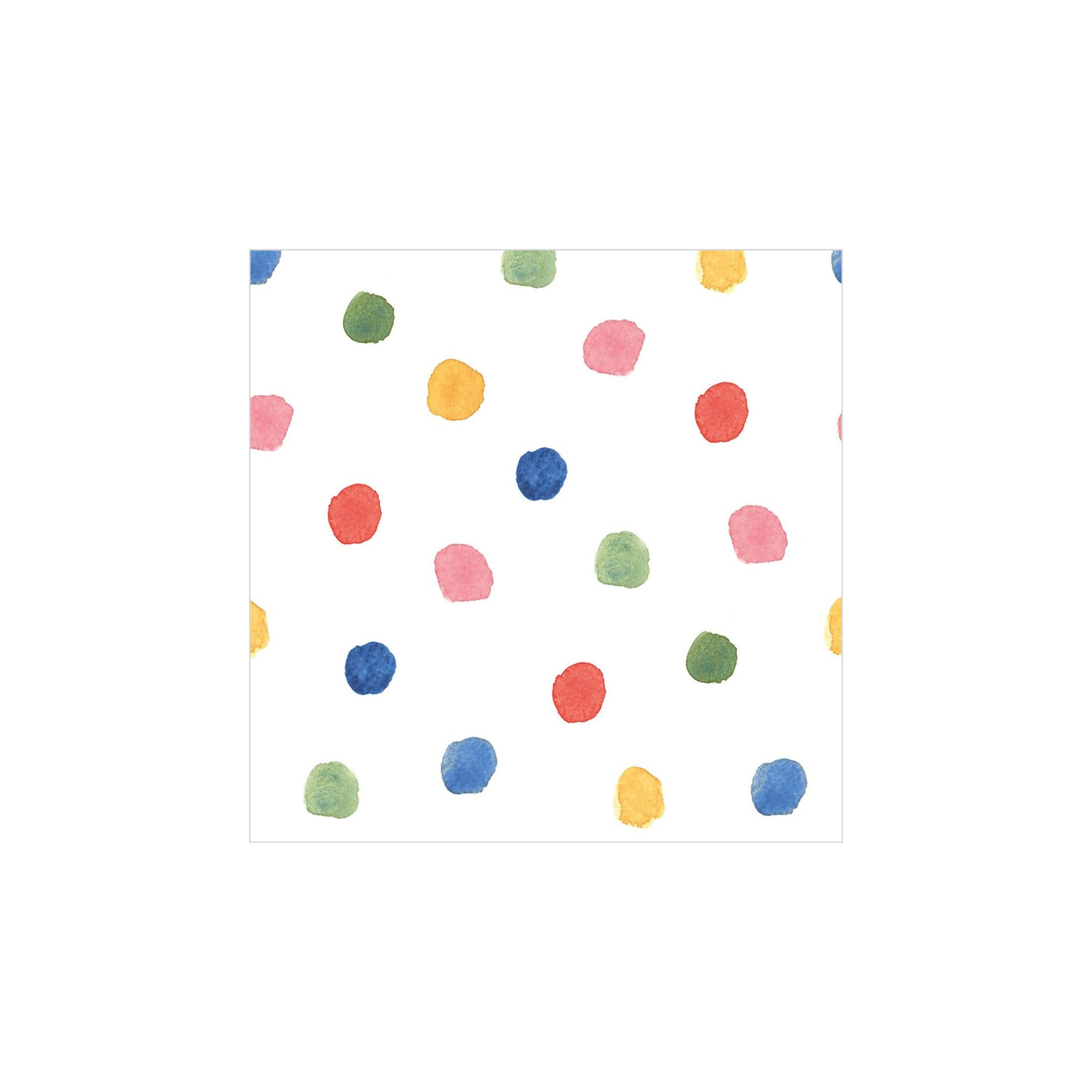 De PPD Papieren Servetten Stippen 33/33 zijn witte, vierkante servetten met watercolor stippen in blauw, groen, geel en rood. Gemaakt van 3-laags FSC papier van PPD - perfect voor tafelschikking.