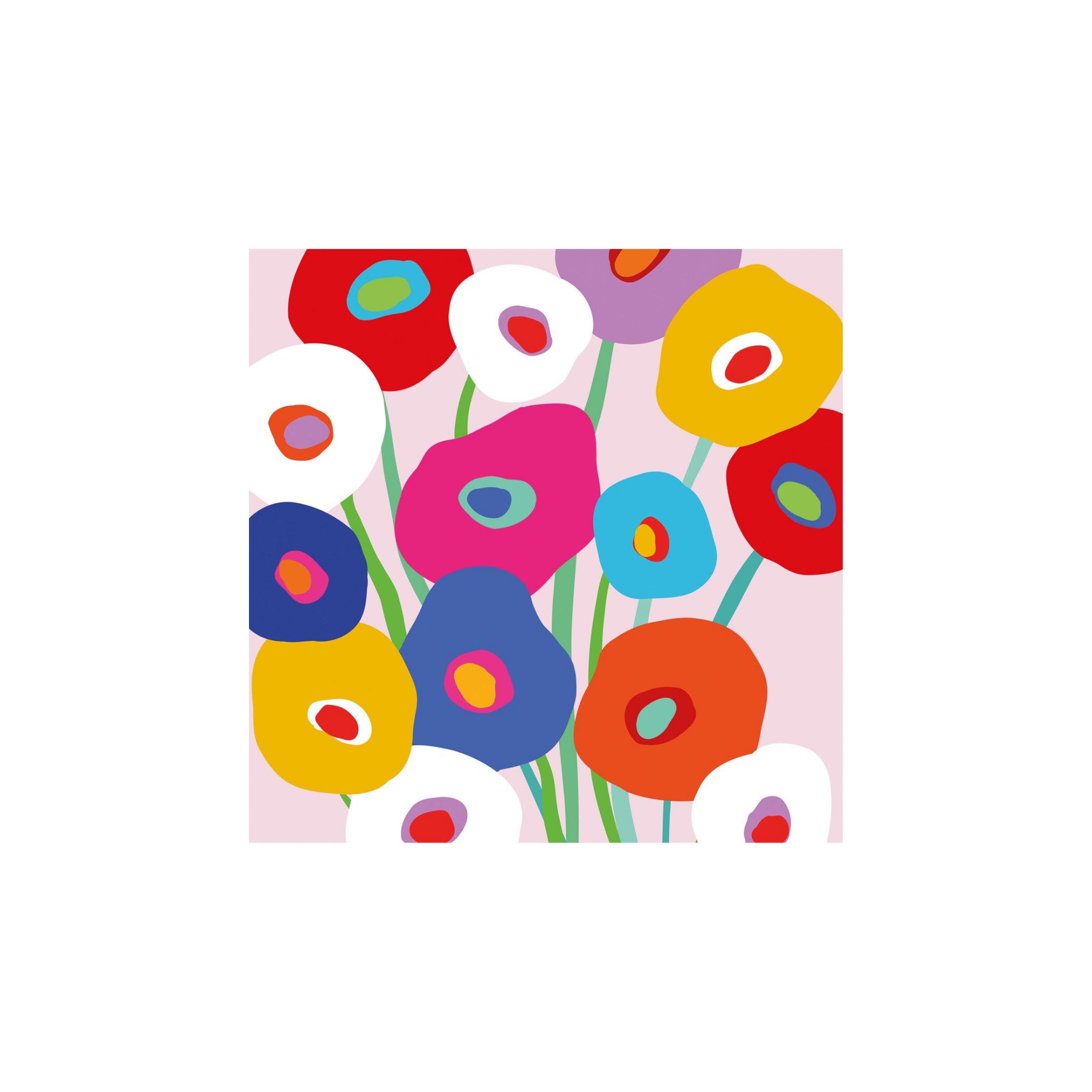 Voeg levendige kleur toe aan je tafelschikking met PPD Papieren Servetten Super Bloom 33/33. Met opvallende, abstracte bloemen in rood, blauw, geel, paars, roze en wit op groene stelen tegen een lichtroze achtergrond van PPD.