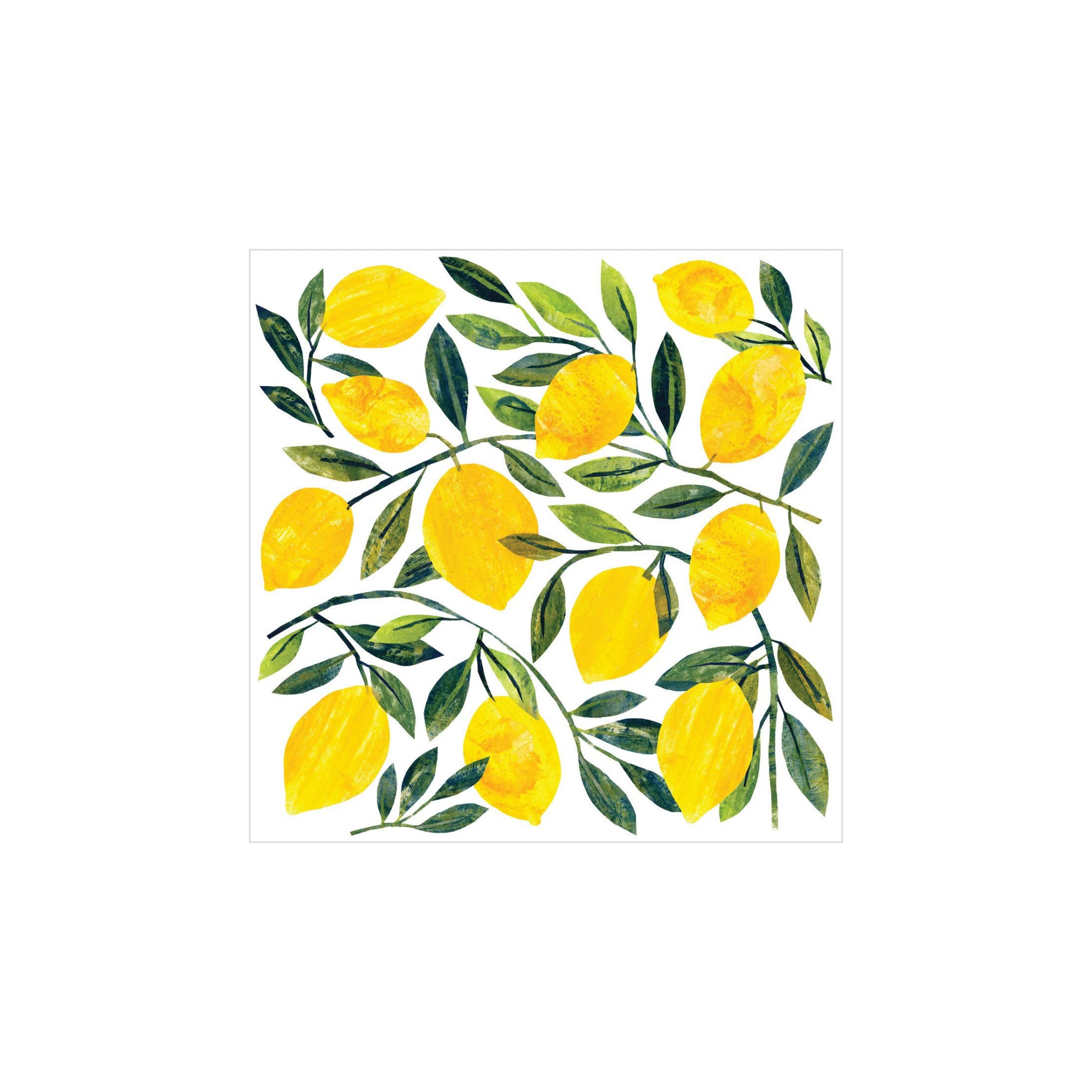Een aquarelontwerp van felgele citroenen met groene bladeren, gerangschikt in een vierkant op wit - ideaal voor PPD Papieren Servetten Tracey's Citronella 33/33 van PPD, gemaakt van FSC-papier om je tafelschikking te verfraaien.
