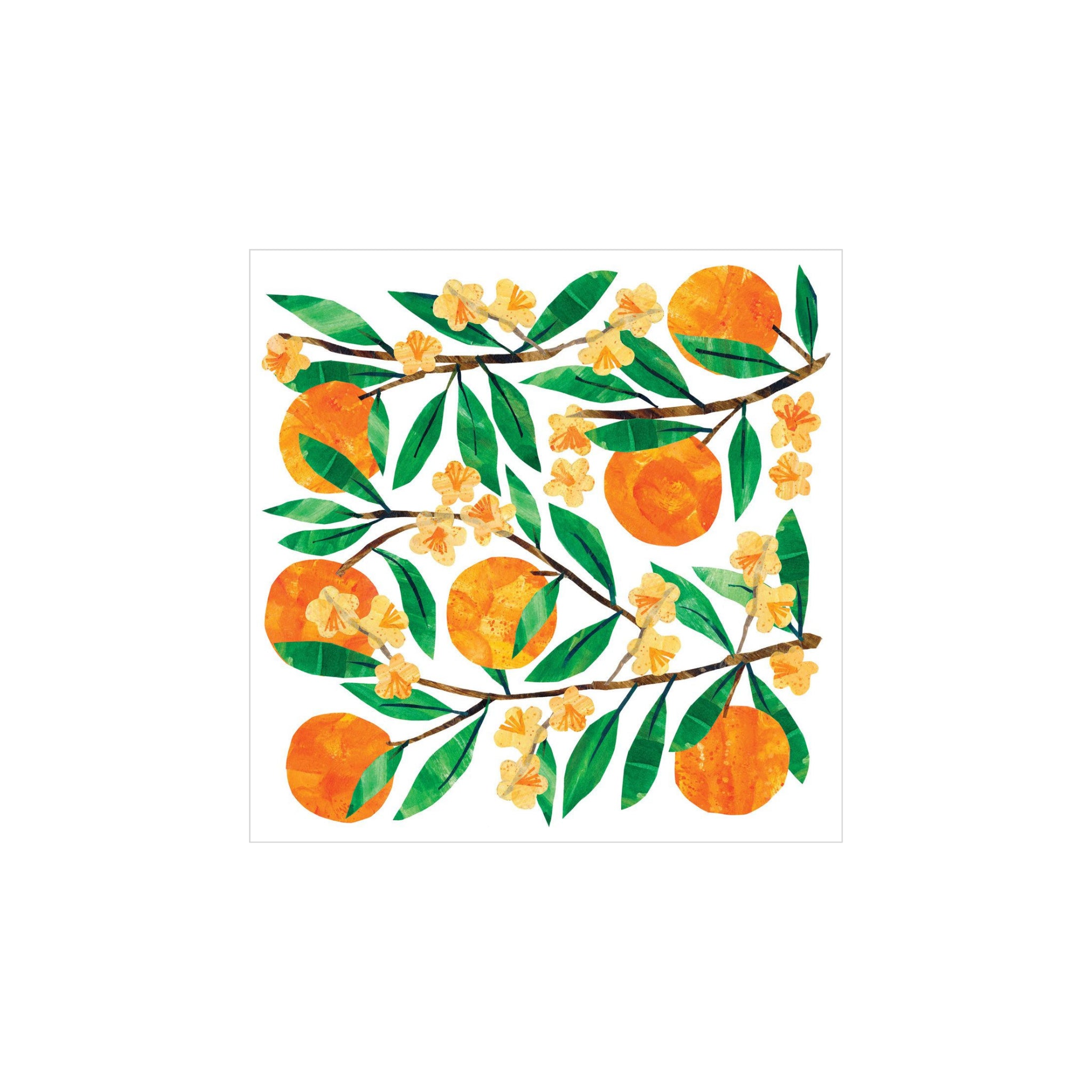 Illustratie van sinaasappeltakken met rijp fruit en bloesems in een vierkant patroon op wit - ideaal voor stijlvolle tafelschikking met PPD Papieren Servetten Tracey's Orangina 33/33, gemaakt van 3-laags FSC-papier.