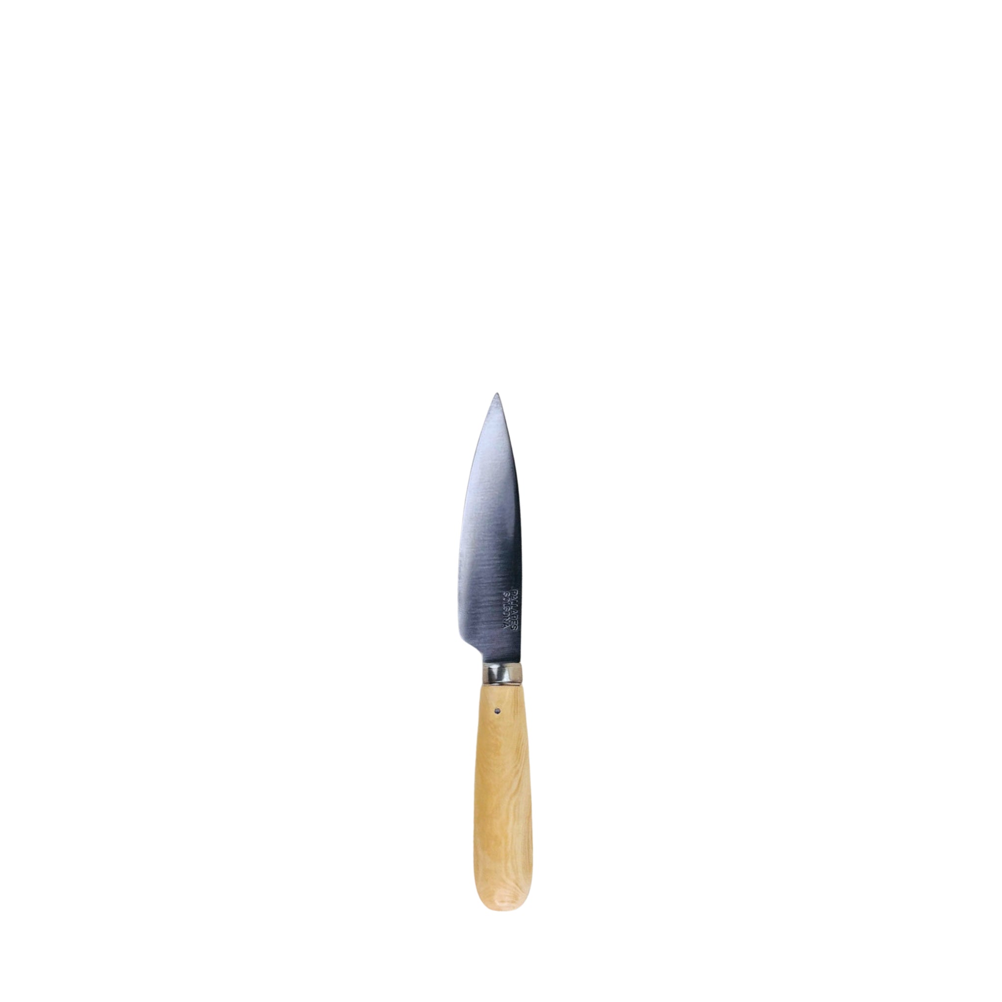 Een Pallares Solsona Keukenmes Buxushout (ras) 9 cm met een zilveren kling en licht buxushouten handvat, afgebeeld gecentreerd op een effen witte achtergrond.