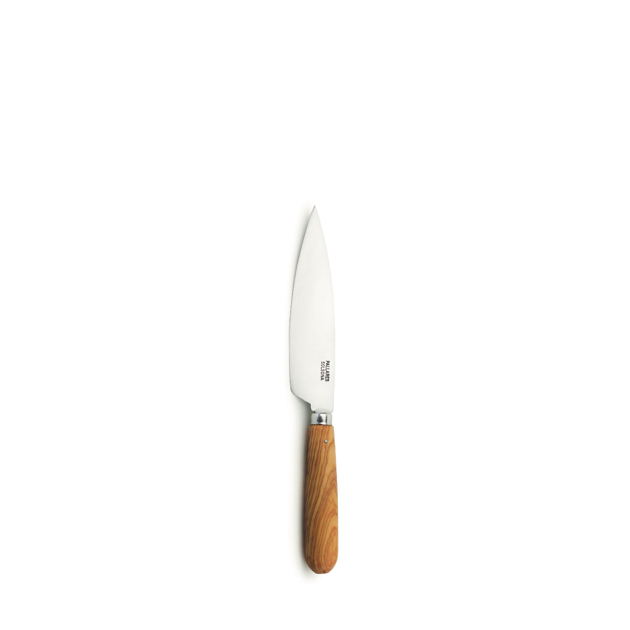 Een Pallares Solsona Keukenmes Olijfhout (ras) 11 cm van Pallares Solsona met een breed lemmet en olijfhouten handvat is gecentreerd op een witte achtergrond.