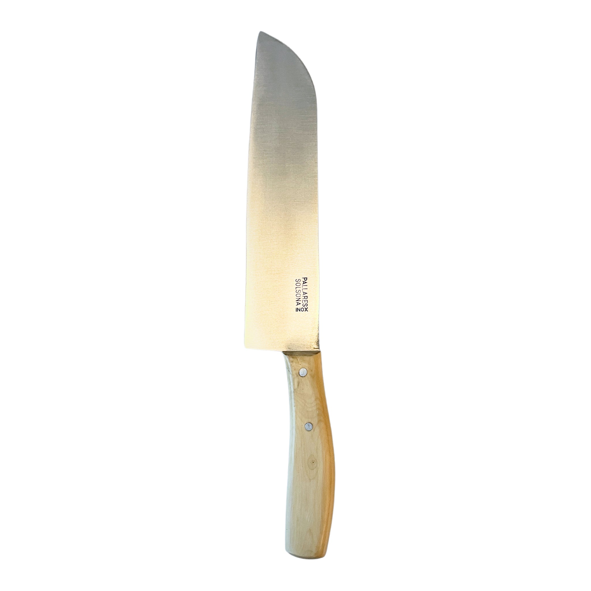 De Pallares Solsona Chefmes Buxushout 20 cm, gemaakt van roestvrij staal met een breed lemmet en een lichtgekleurd buxushouten handvat, wordt getoond tegen een witte achtergrond.
