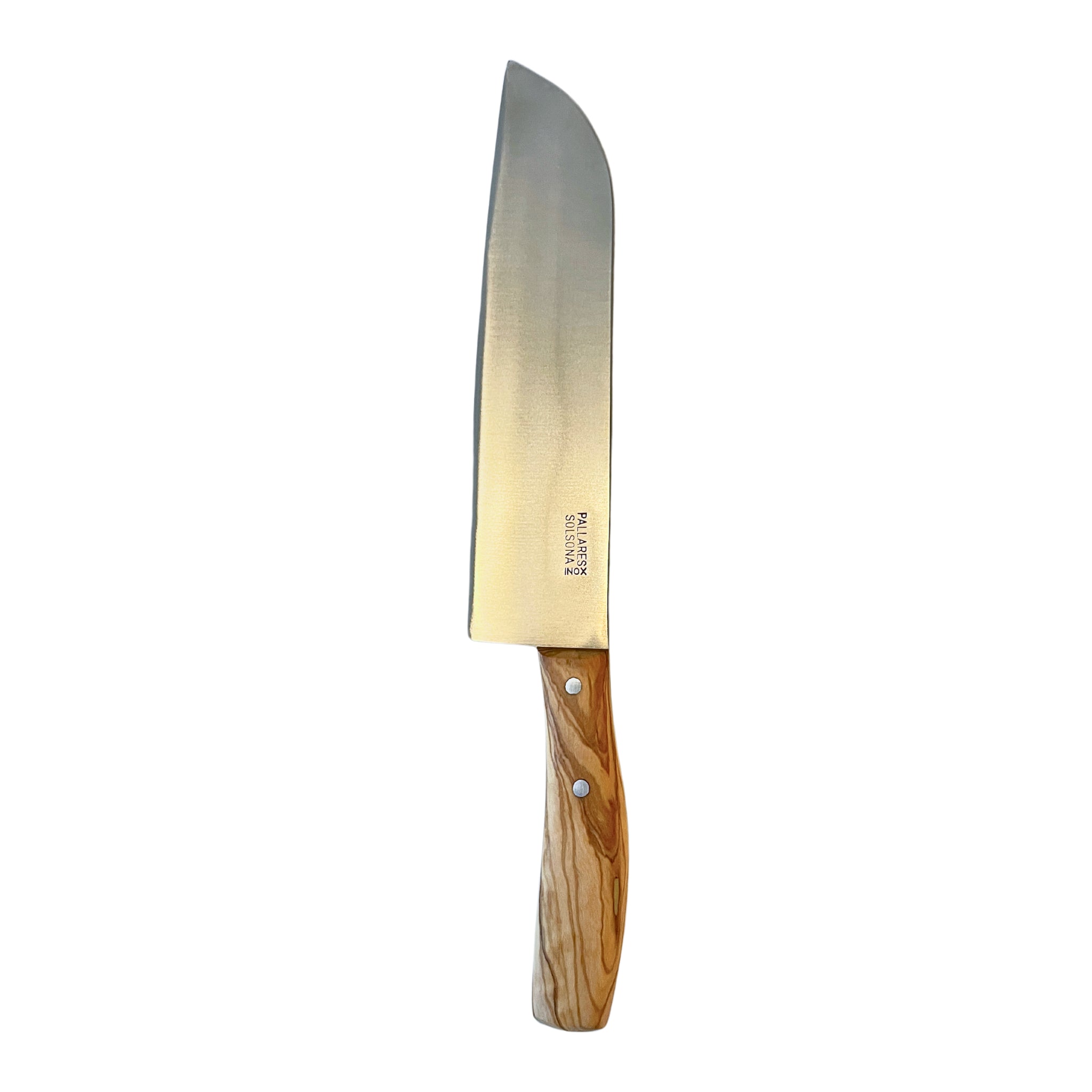 De Pallares Solsona Chefmes Olijfhout 20 cm heeft een handgesmeed lemmet van roestvrij staal en een handvat van licht olijfhout, afgebeeld op een witte achtergrond.