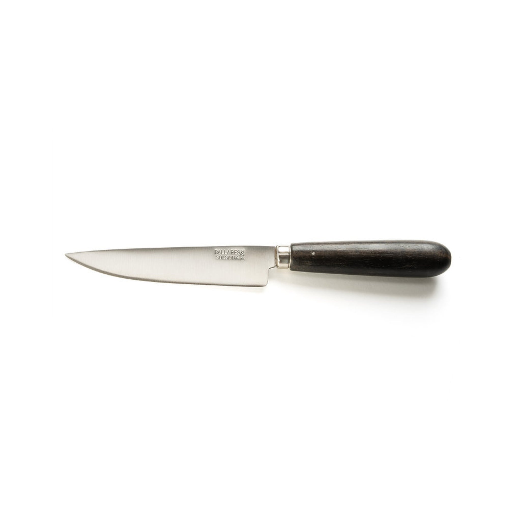 De Pallares Solsona Keukenmes Ebbenhout 12 cm, gemaakt door Pallares Solsona, heeft een lemmet van glanzend roestvrij staal en een handvat van donker ebbenhout, weergegeven op een effen witte achtergrond.