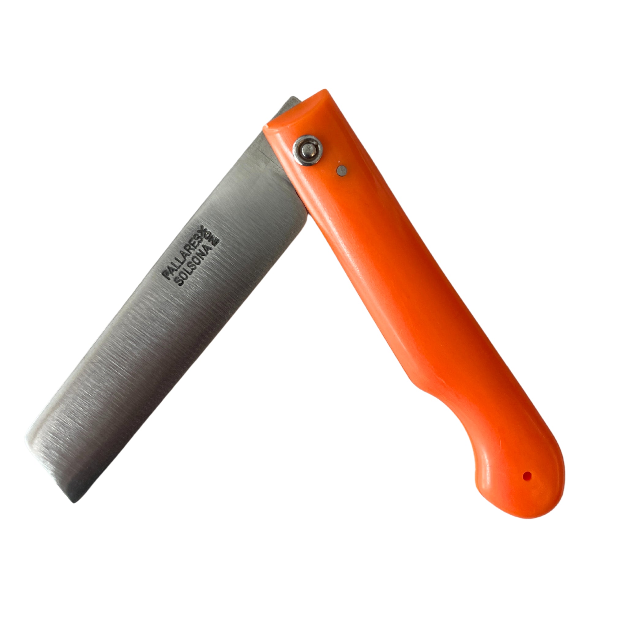 Het Pallares Solsona Zakmes Oranje 9 cm, een mes van hoge kwaliteit met een oranje handvat en een glanzend zilveren lemmet, wordt getoond tegen een witte achtergrond en toont het precisiewerk van Pallares Solsona.