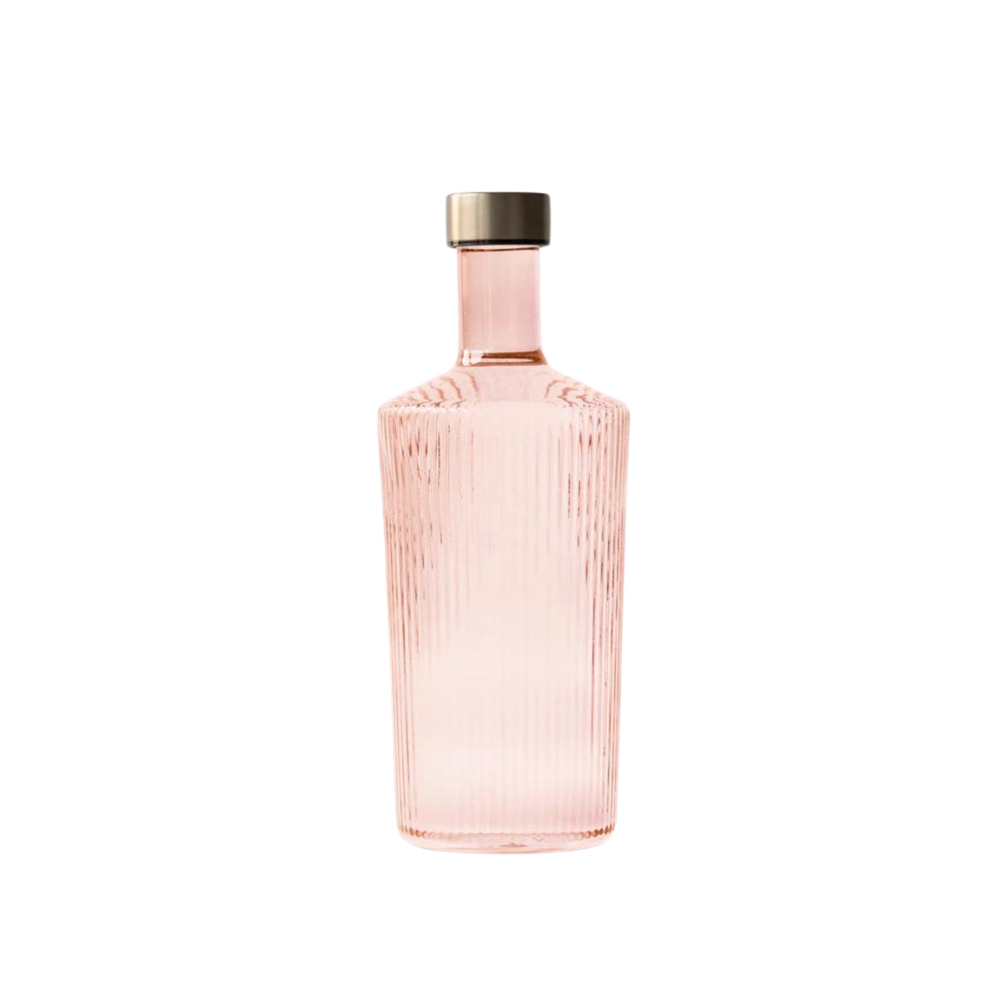 De Paveau Waterfles Pink 1,25 l van Paveau heeft een hoog, helder glazen ontwerp met textuur, lichtroze vloeistof en een zilveren dop, tegen een effen witte achtergrond.