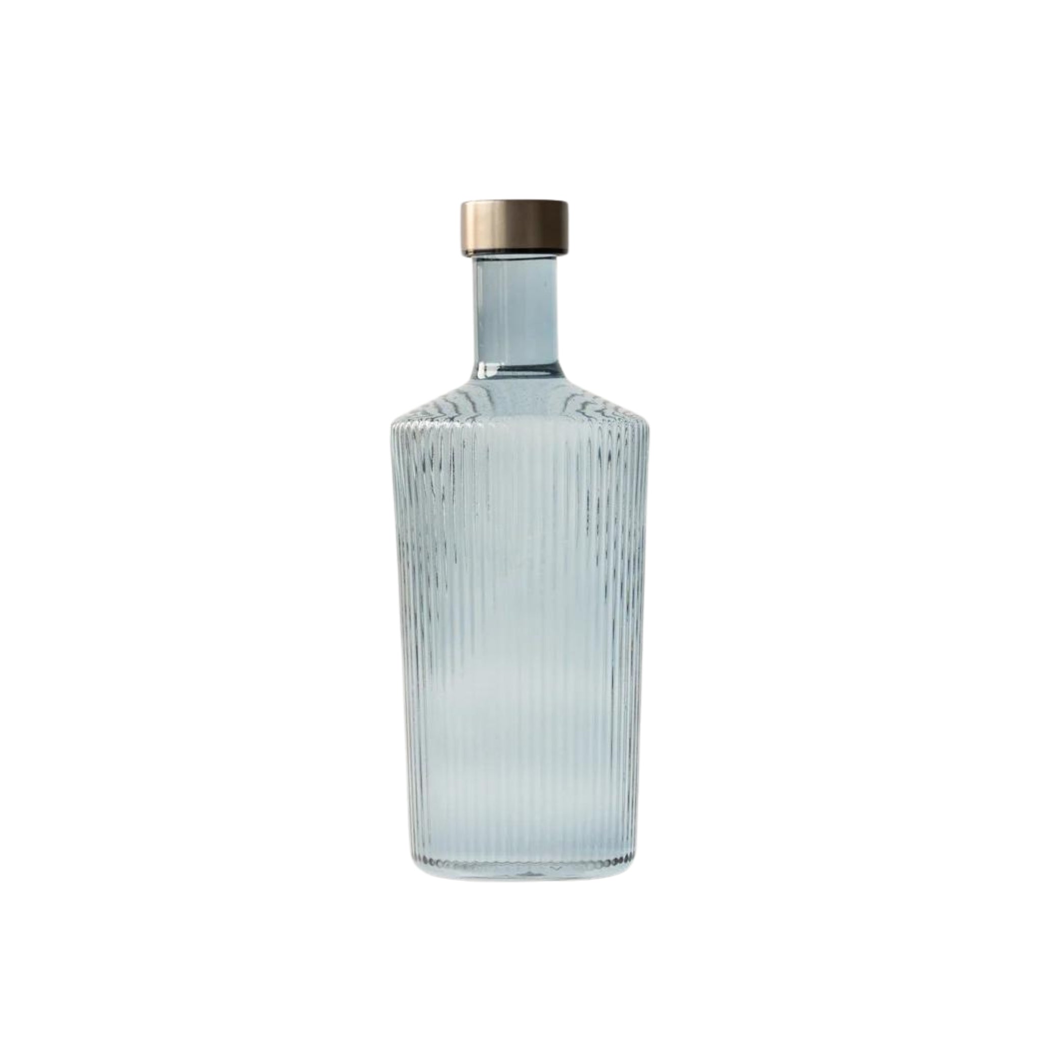De Paveau Waterfles Twilight Blue 1,25 l van Paveau is een helder geribbelde glazen fles met een ronde metalen dop, afgebeeld tegen een witte achtergrond. Het moderne, minimalistische ontwerp maakt hem perfect als herbruikbare waterfles voor dagelijks gebruik.