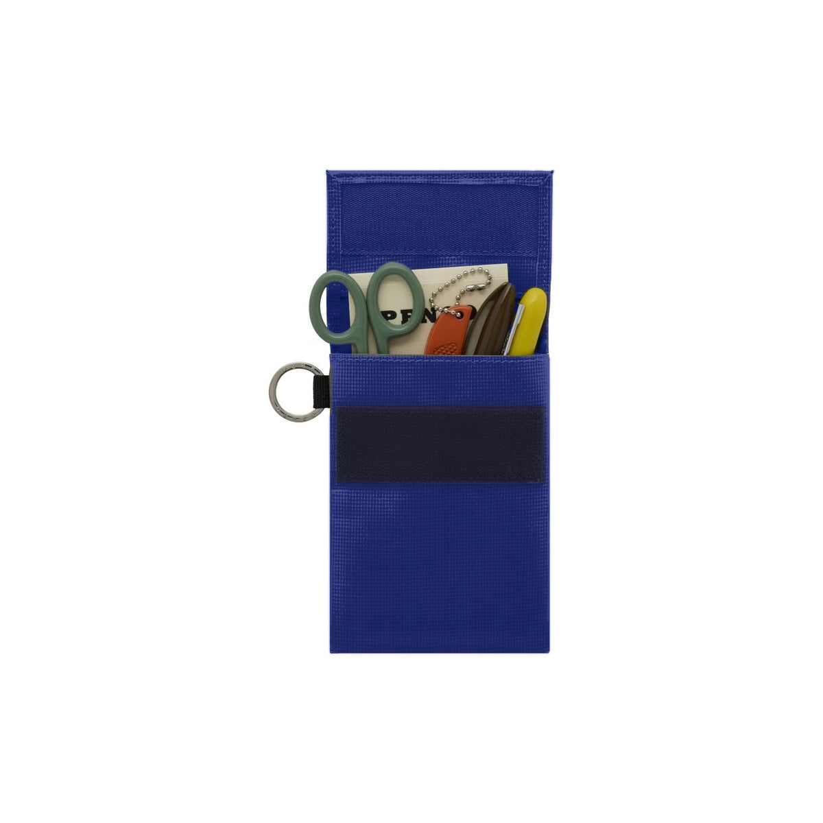 Geopende blauwe Penco Carry Tite 2-Way portefeuille met kleine spullen