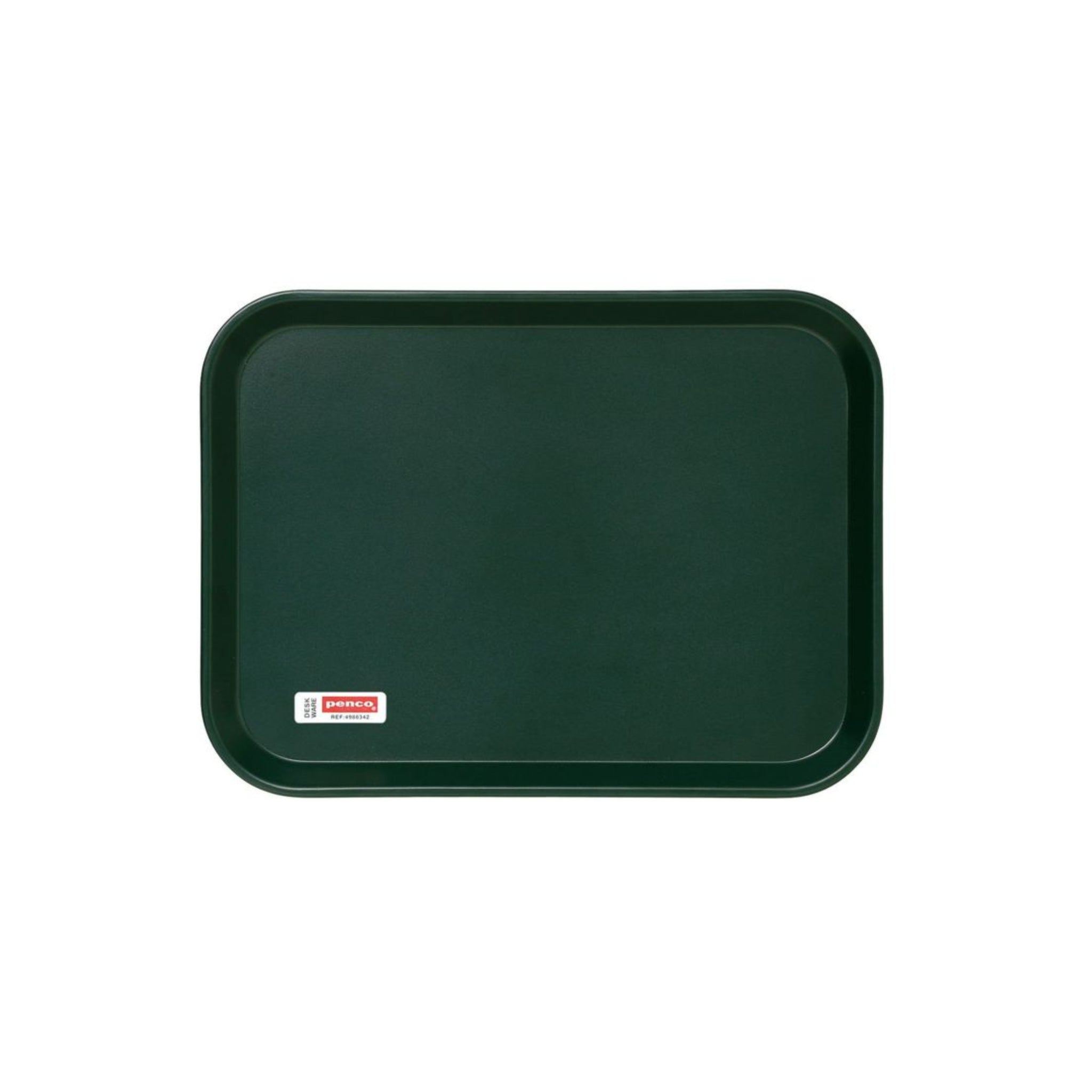 Het Penco Dienblad Donkergroen 28/21 is een rechthoekig donkergroen dienblad met afgeronde hoeken en een rood-wit label, perfect als een veelzijdig dienblad of bureau-accessoire gepresenteerd op een witte achtergrond.