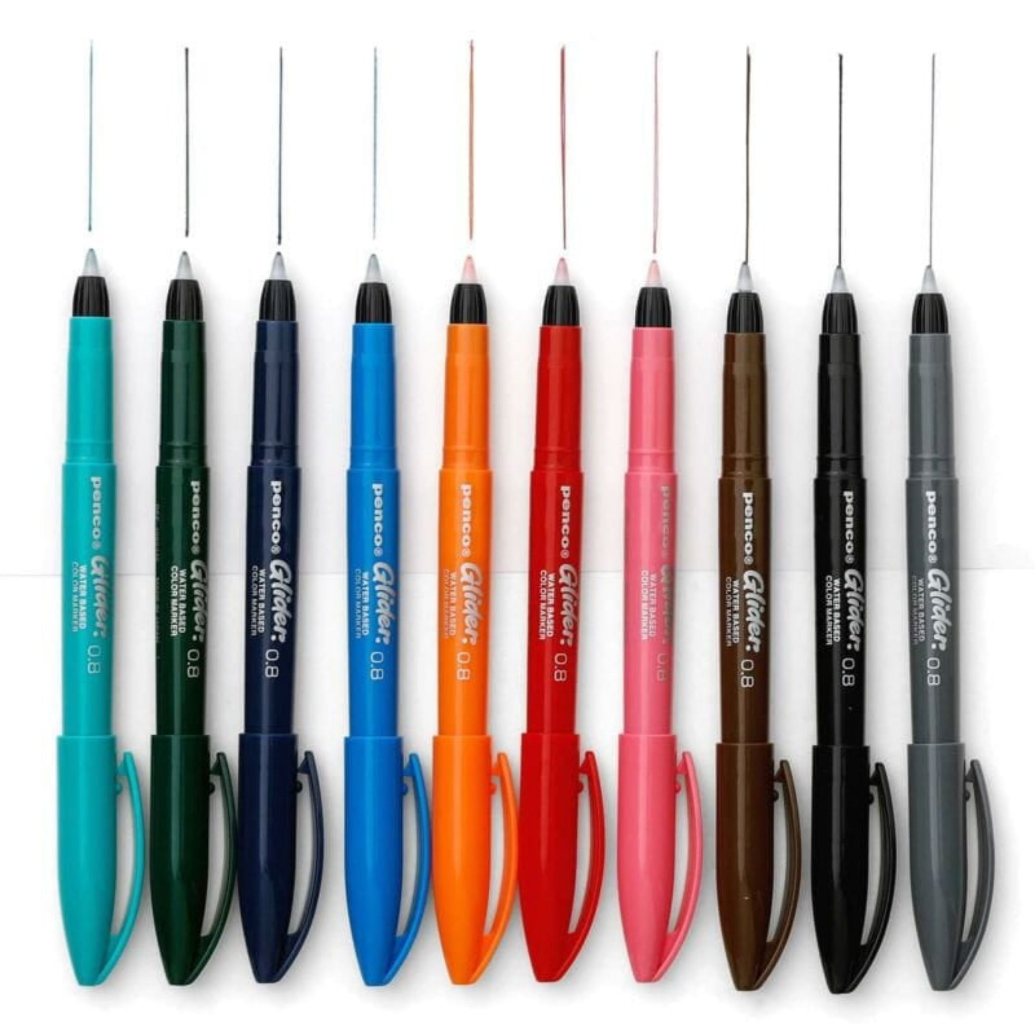 Tien Penco Glider Pennen, waaronder de Penco Glider Pen Blauw, hebben fijne naaldpunten en bijpassende doppen in levendige kleuren-groen, blauw, oranje, rood, roze, bruin, zwart-voor een zijdezachte schrijfervaring op helder wit.