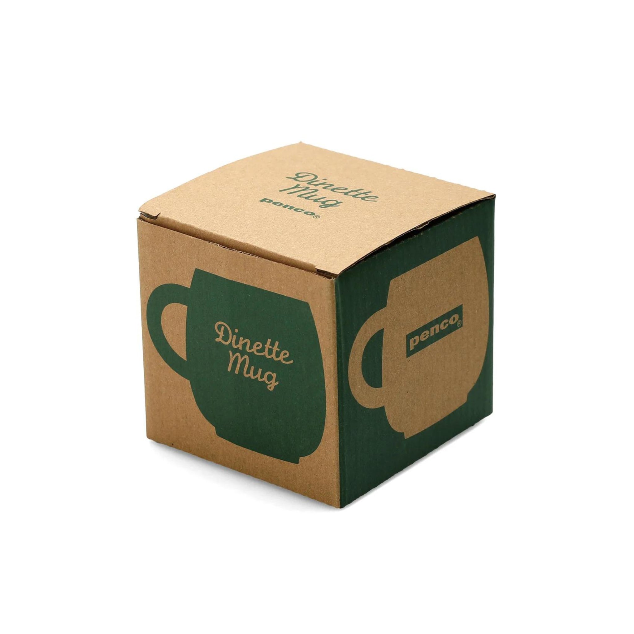 Een bruine kartonnen doos met groene afbeeldingen van een Penco Mok Geel en de woorden "Dinette Mug" en "Penco." erop gedrukt, weergegeven op een witte achtergrond-een retro-look mok van het Japanse merk Penco.