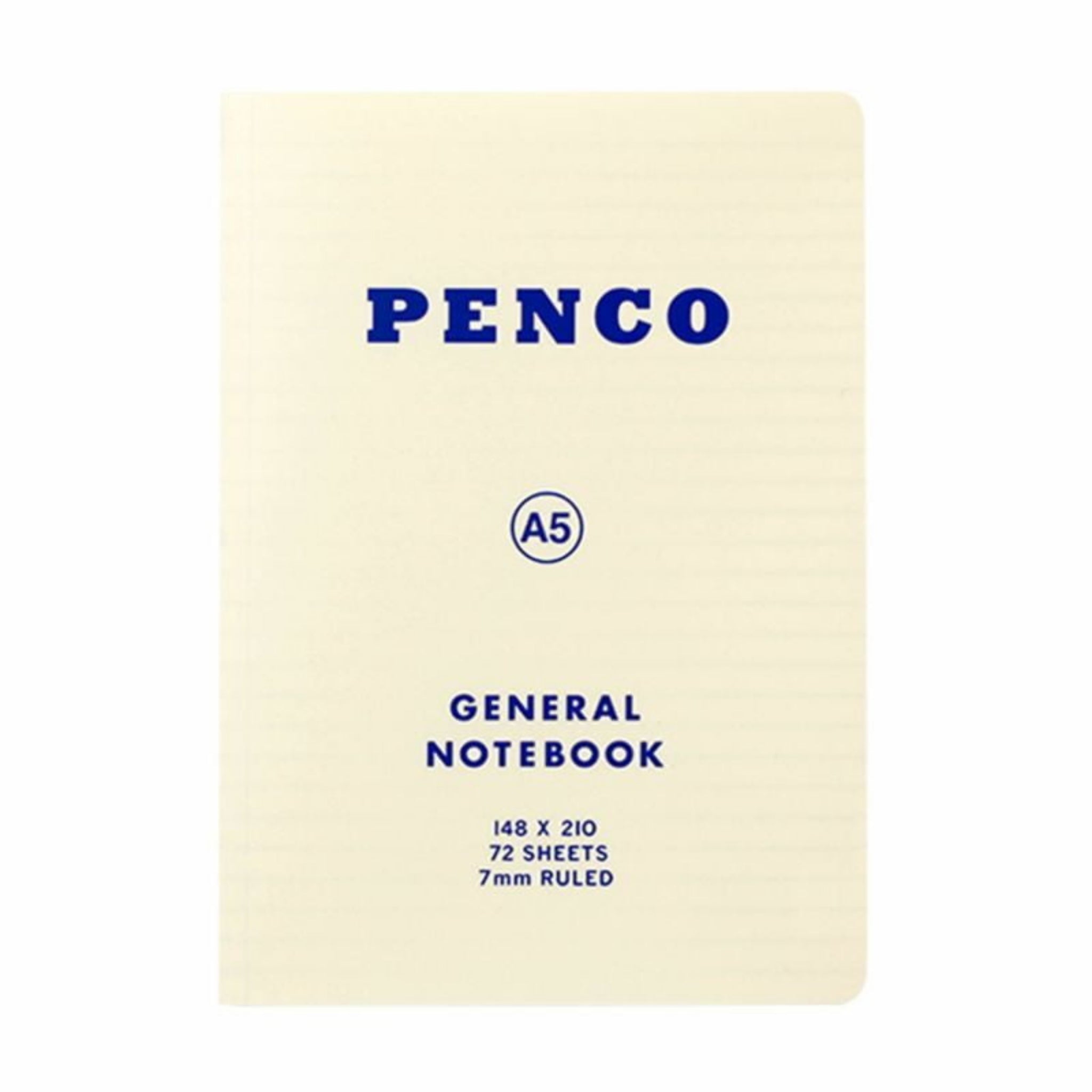 Het Penco Notitieboek Wit A5 is een crèmekleurig notitieboek met opvallende blauwe Penco-logo's en General Notebook-gegevens op de omslag. Het heeft 7 mm gelijnde lijnen en subtiele horizontale accenten, waardoor het ideaal is voor het organiseren van je notities.