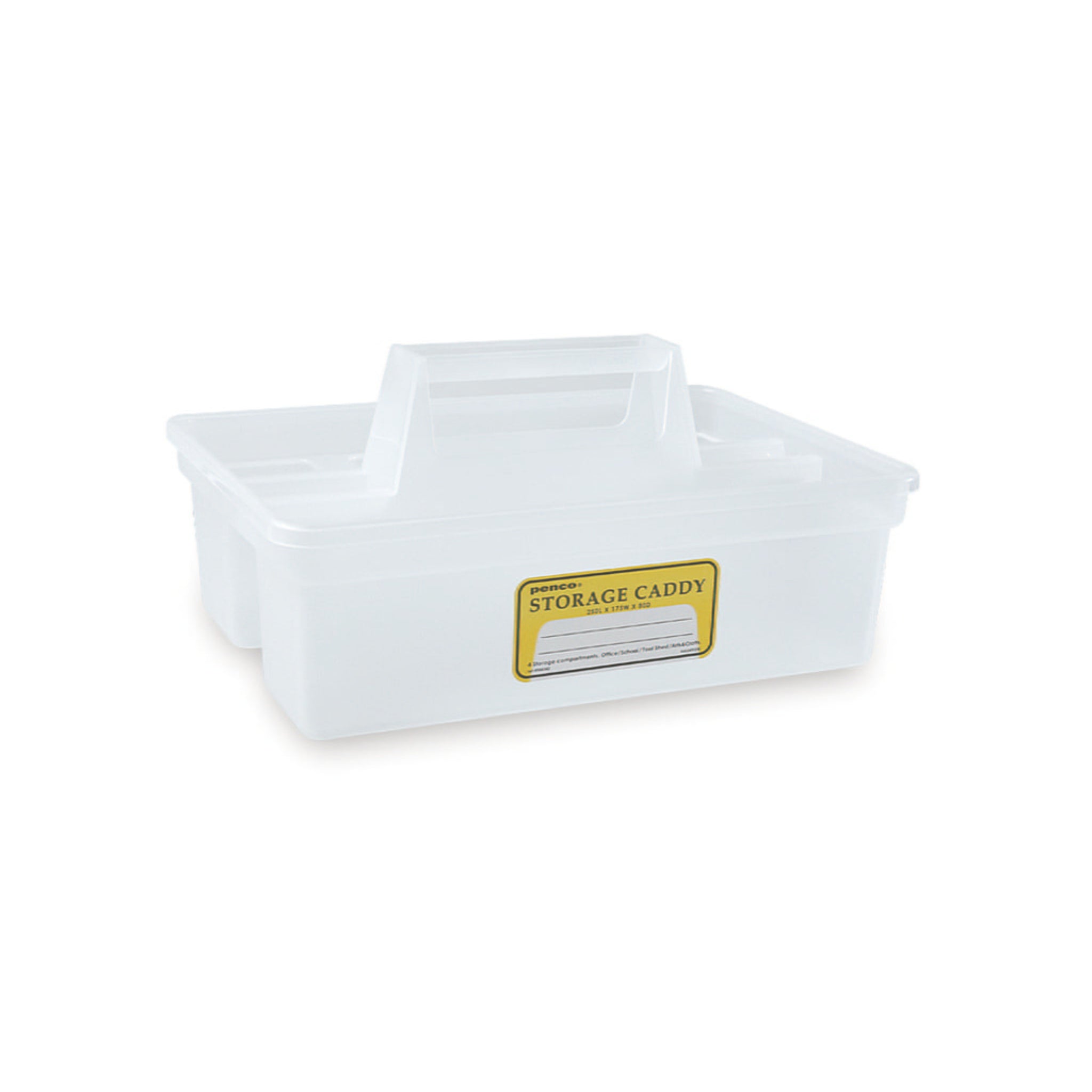 De Penco Opbergcaddy Helder van Penco is een doorschijnende plastic opbergcaddy met een centraal handvat en een geel voorlabel, afgebeeld tegen een witte achtergrond.