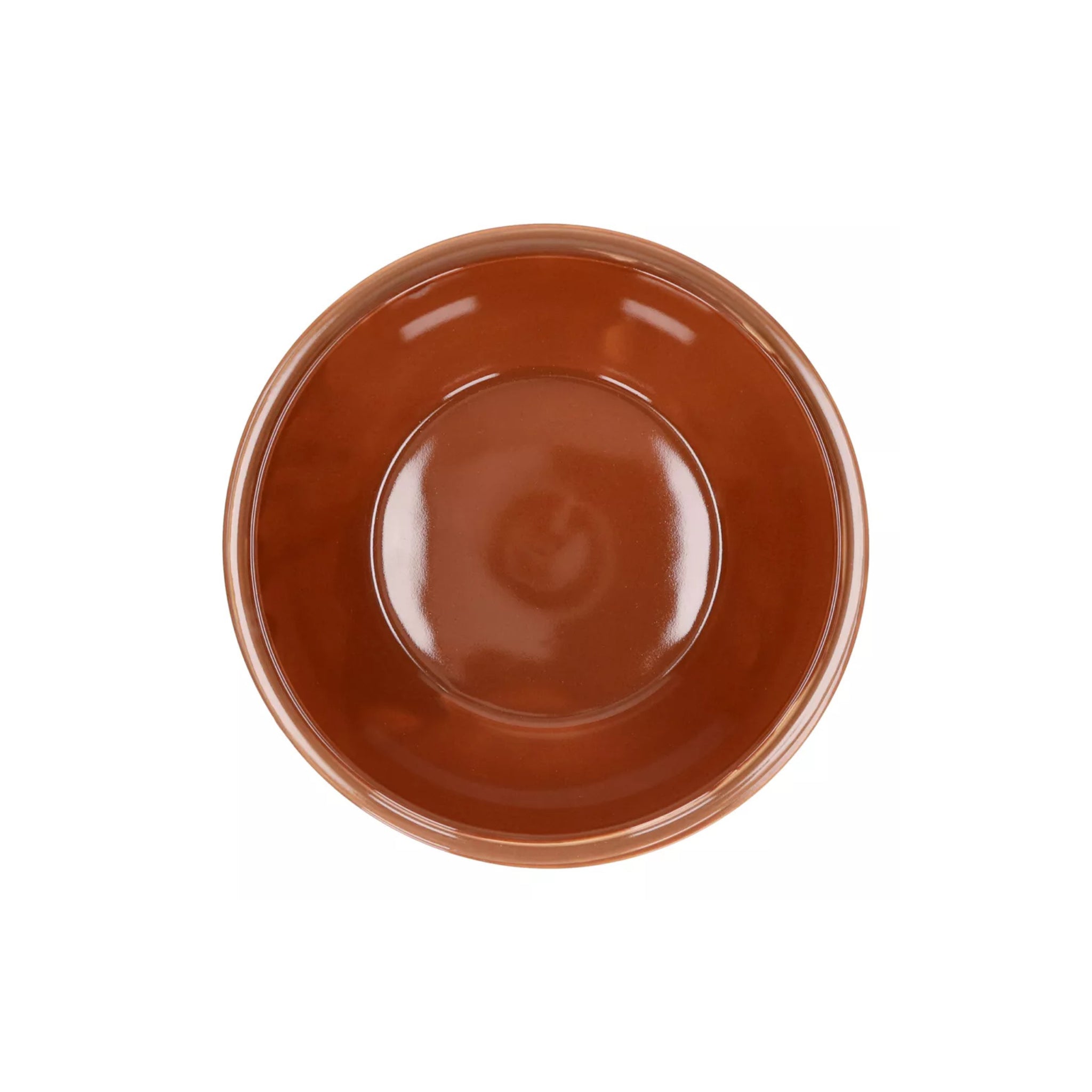 De Pomax Amuse Kom Bruin D21 is een rond bord van bruin keramiek met een glanzende afwerking, van bovenaf afgebeeld op een witte achtergrond.