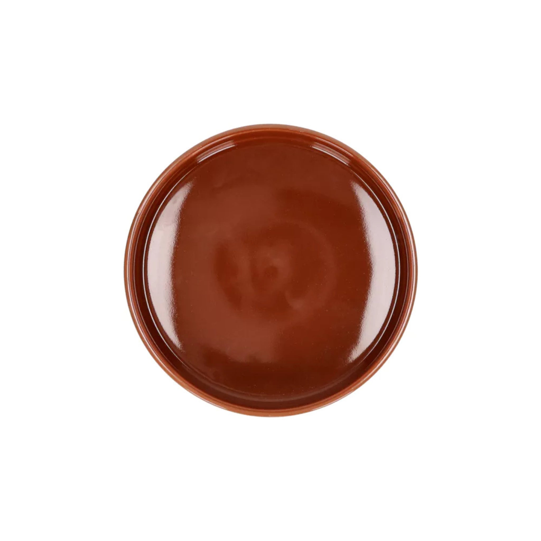 Een bruine, ronde kom van keramiek - Pomax Rasa Kom Bruin D16 - wordt van bovenaf getoond op een witte achtergrond. De glanzende, geglazuurde afwerking voegt warme aardetinten toe aan uw tafeldecoratie.