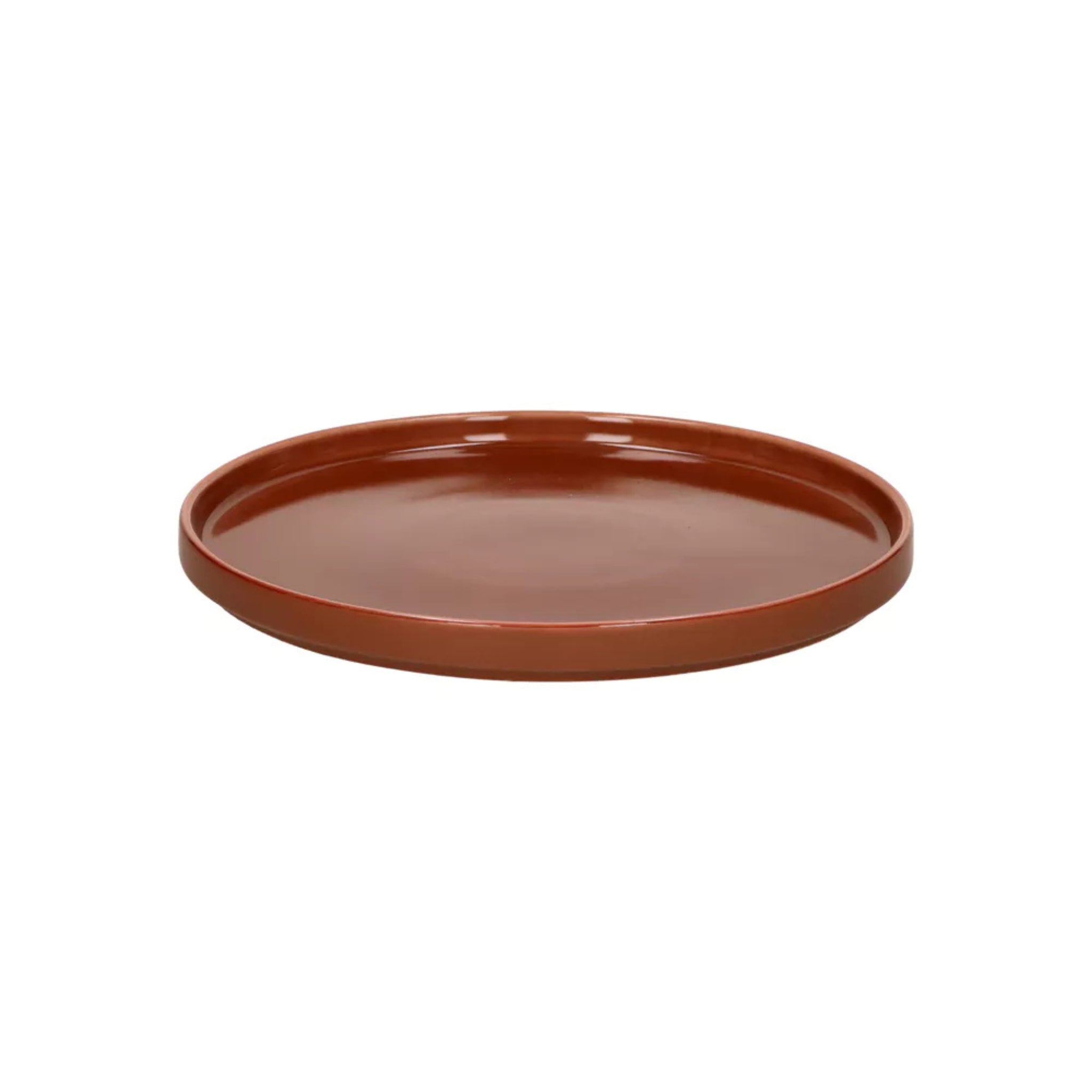 De Pomax Rasa Laag Bord Bruin D22 is een rond, ondiep bord van keramiek met een licht opstaande rand - ideaal als tafeldecoratie - hier afgebeeld tegen een effen witte achtergrond.