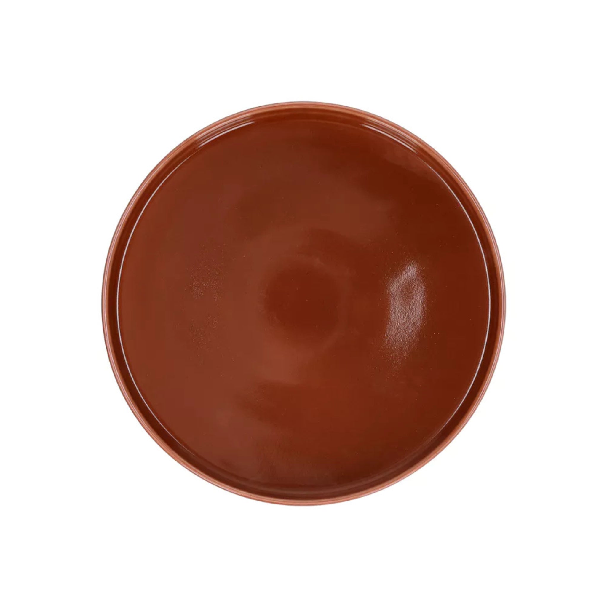 De Pomax Rasa Laag Bord Bruin D22 is een rond, glanzend bruin keramiek bord van Pomax, van boven afgebeeld op een witte achtergrond - ideaal voor stijlvolle tafeldecoratie.