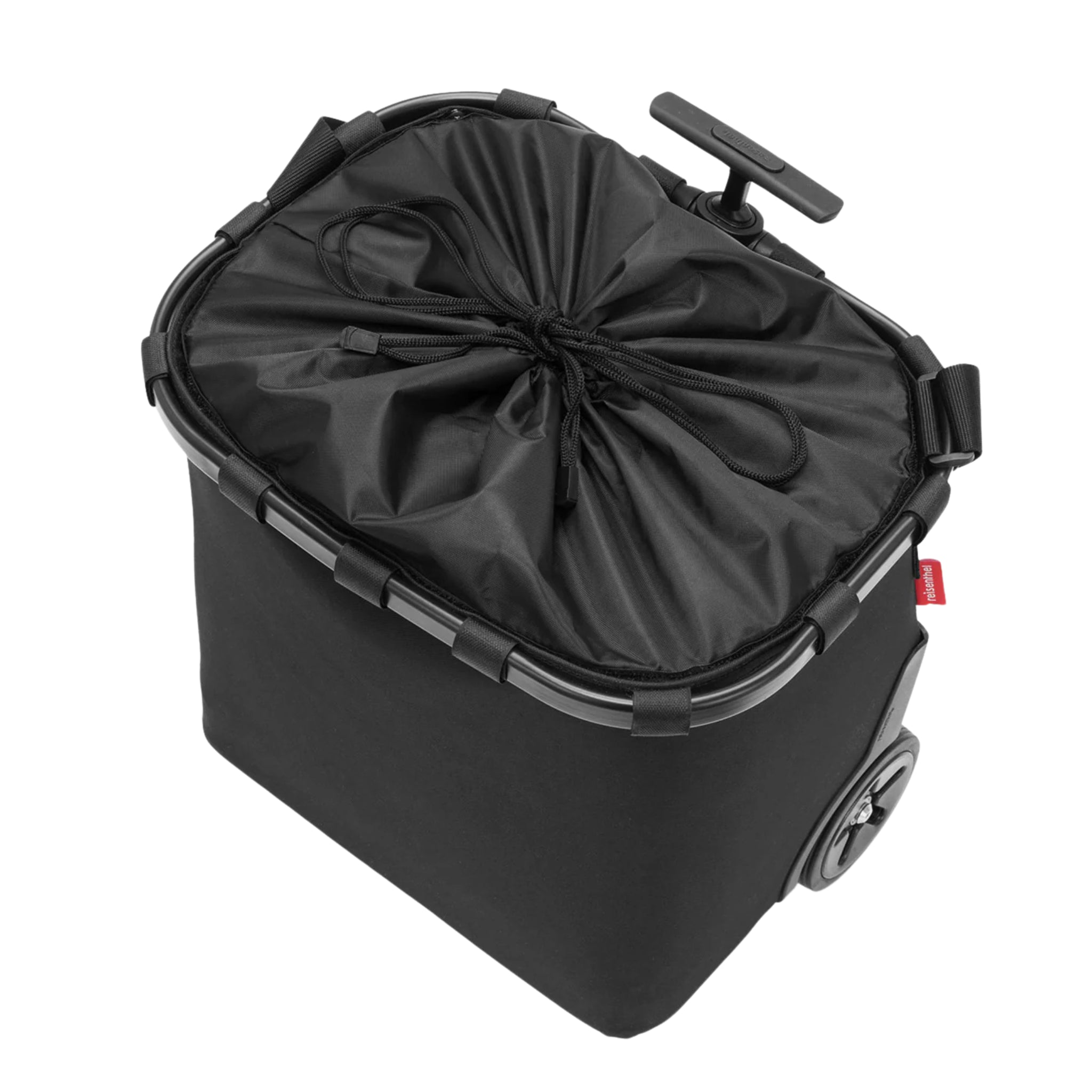 De Reisenthel Carrycruiser Trolley Zwart/Zwart is een zwarte boodschappentrolley met stevig frame, twee wielen, uitschuifbaar handvat en een bovenkant met trekkoord - perfect als praktische boodschappentrolley van Reisenthel.