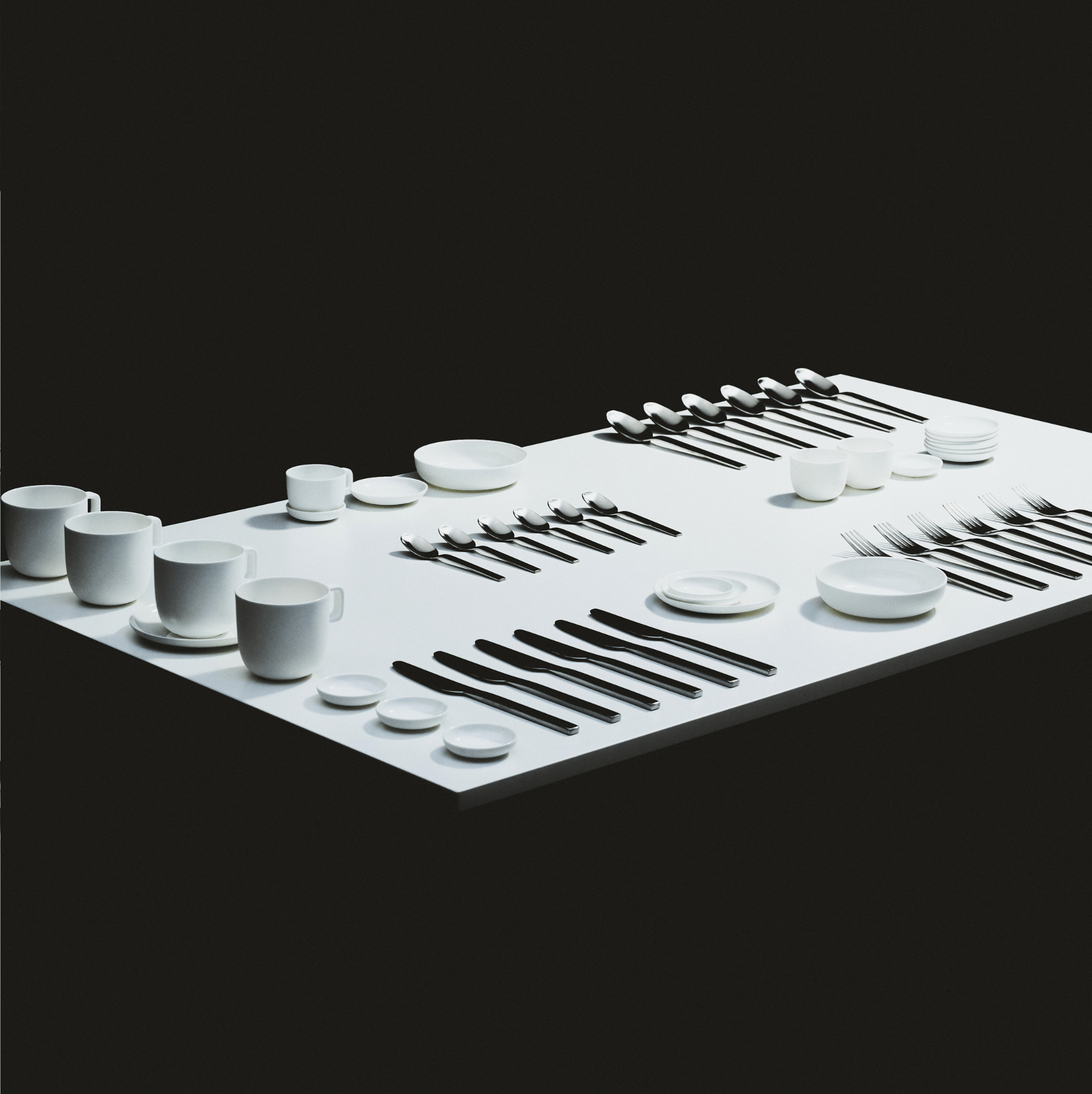 Een witte gedekte tafel met Serax Base Theekop zonder Oor 35 cl kopjes en ander keurig gerangschikt Serax wit servies, allemaal precies op een rij tegen een donkere achtergrond.