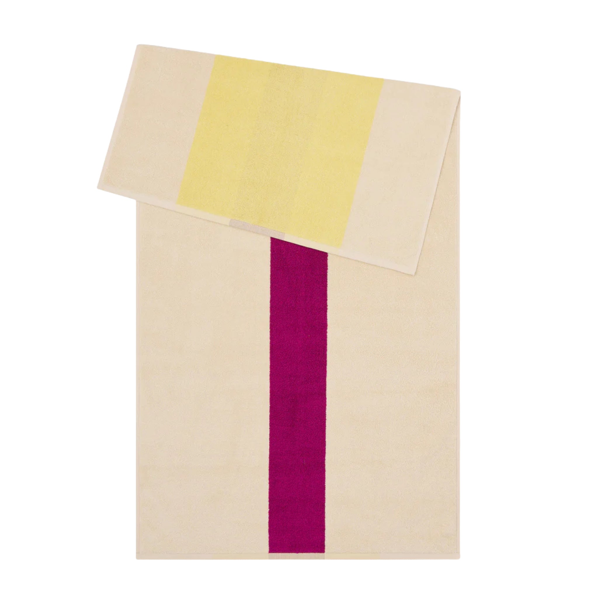 De Suite 702 Badhanddoek Geel Fuchsia 70/140 set bestaat uit twee crèmekleurige handdoeken van biologisch katoen: een grote handdoek met een verticale magenta streep en een kleinere handdoek met een horizontaal lichtgeel detail, geïnspireerd door Karel Martens.