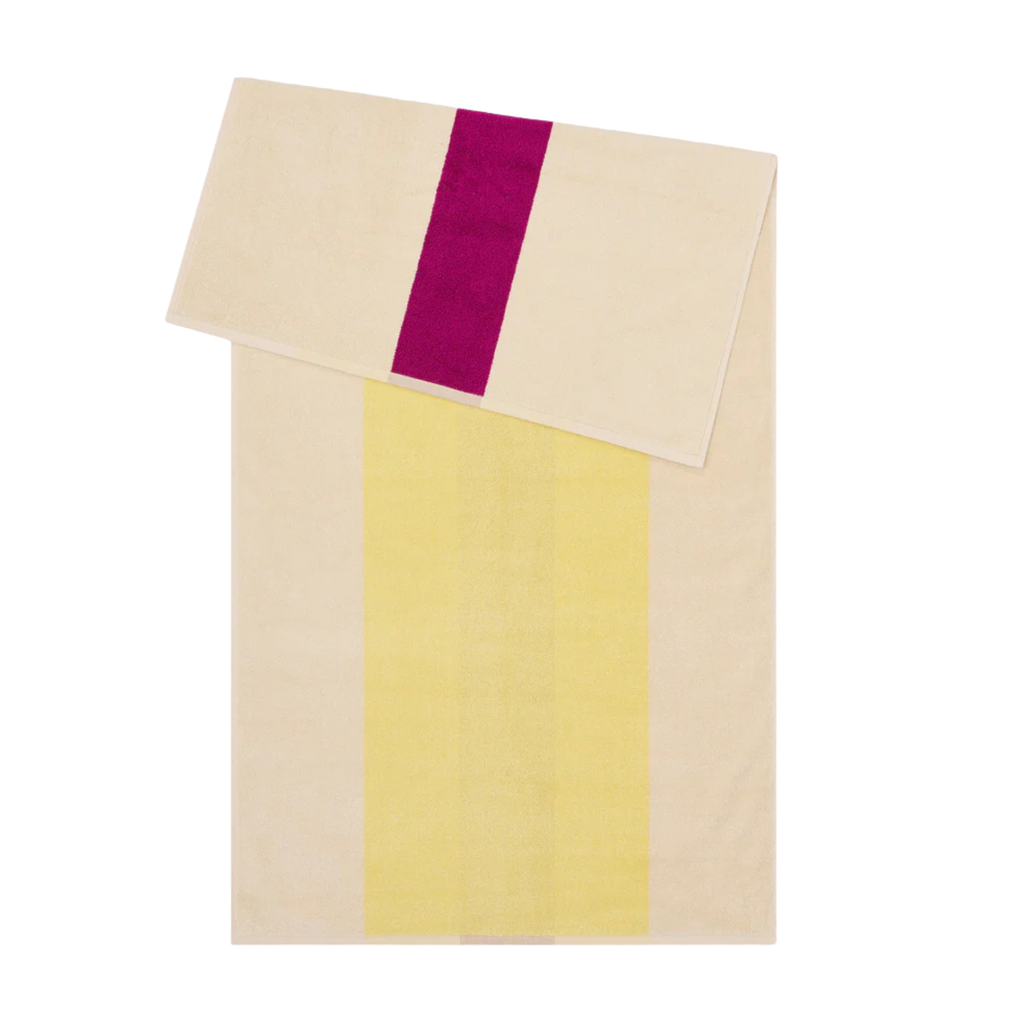 De Suite 702 Badhanddoek Geel Fuchsia 70/140 set van Suite 702 heeft beige biologisch katoen handdoeken met een gedurfde gele verticale en magenta horizontale streep, die de iconische ontwerpstijl van Karel Martens weerspiegelen.