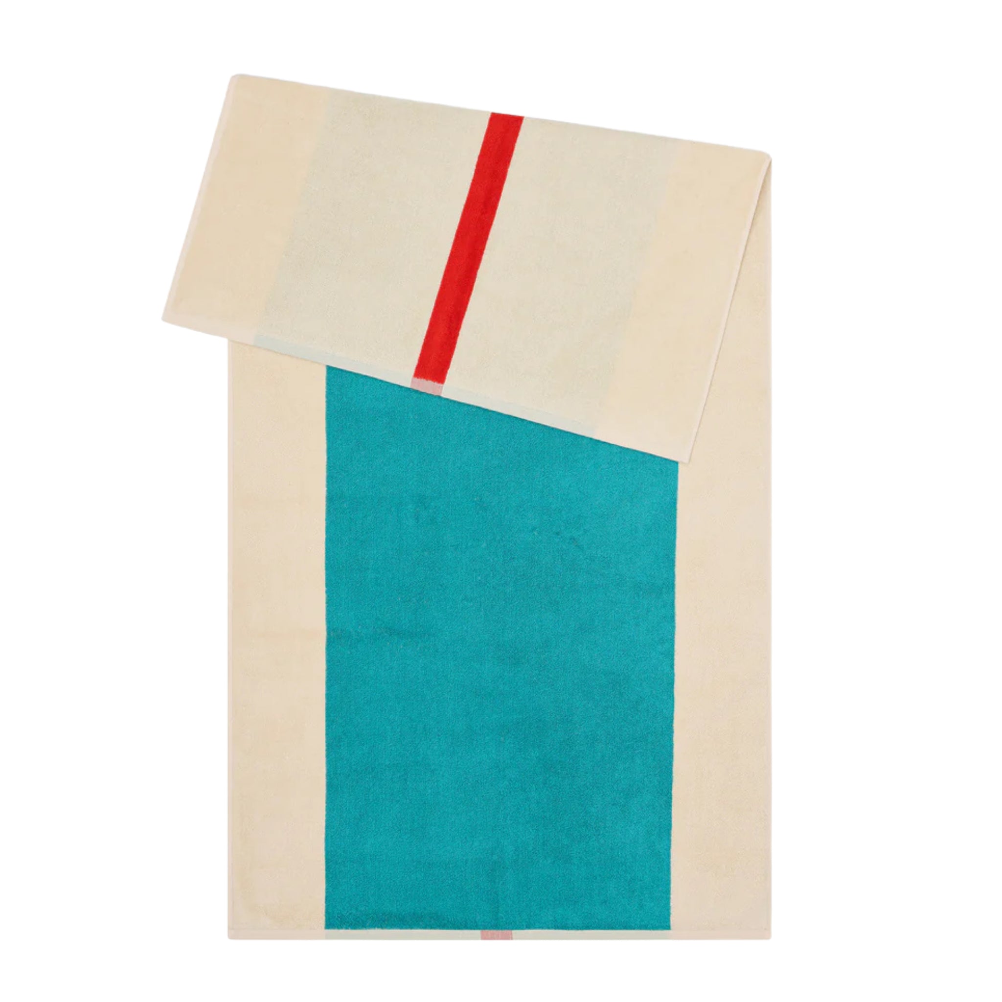 De Suite 702 Badhanddoek Rood Turquoise 70/140 van Suite 702 is een beige handdoek van biologisch katoen, met een turquoise rechthoek en een rode streep aan de bovenkant, gevouwen om het op Karel Martens geïnspireerde ontwerp te benadrukken.