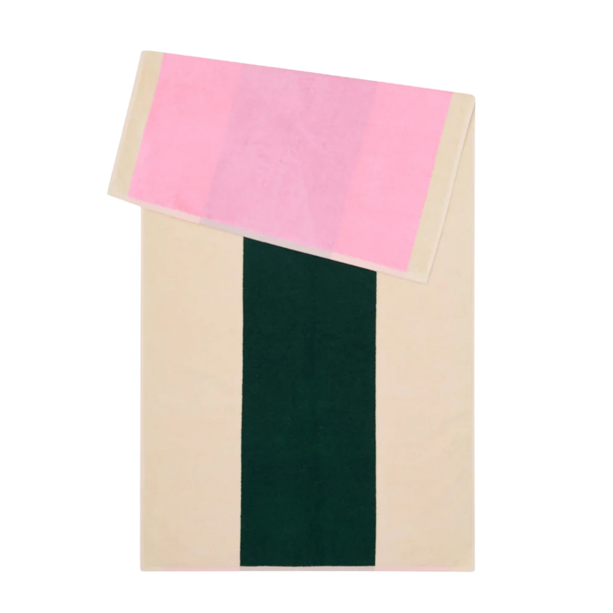 De Suite 702 Badhanddoek Roze Donkergroen 70/140 van Suite 702 is een rechthoekige handdoek met een brede donkergroene verticale streep op beige, aan de bovenkant gedeeltelijk bedekt door een gevouwen roze handdoek.