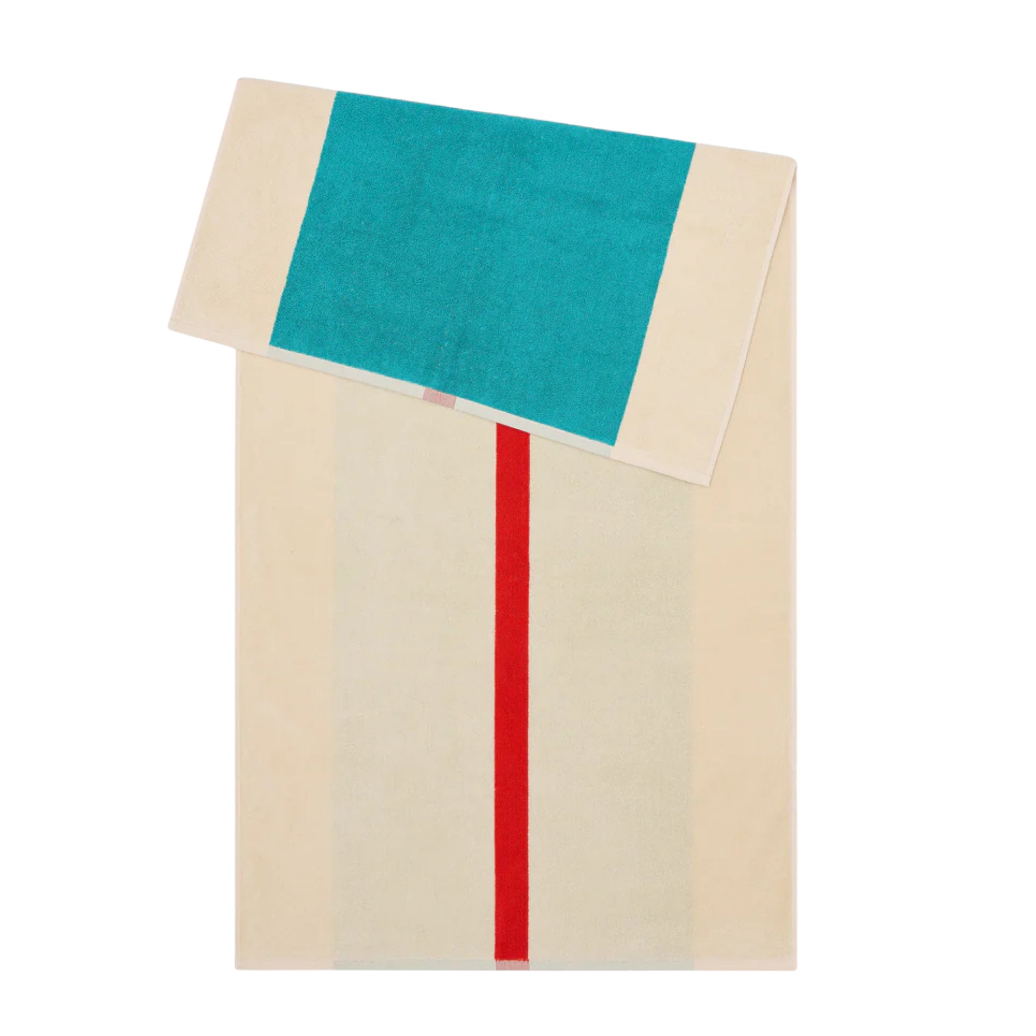 De Suite 702 Badhanddoek Rood Turquoise 70/140 van Suite 702 heeft een beige basis met een opvallende rode verticale streep en een turquoise handdoek met beige randen, beide gemaakt van zacht biologisch katoen in een op Karel Martens geïnspireerd ontwerp.