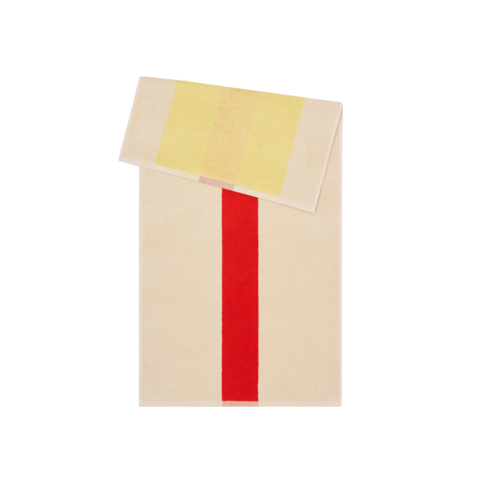 De Suite 702 Handdoek Rood Geel 50/100 van Suite 702 heeft een crèmekleurige basis met een opvallende rode verticale en gele horizontale streep, die doet denken aan de stijl van Karel Martens, weergegeven op een witte achtergrond.