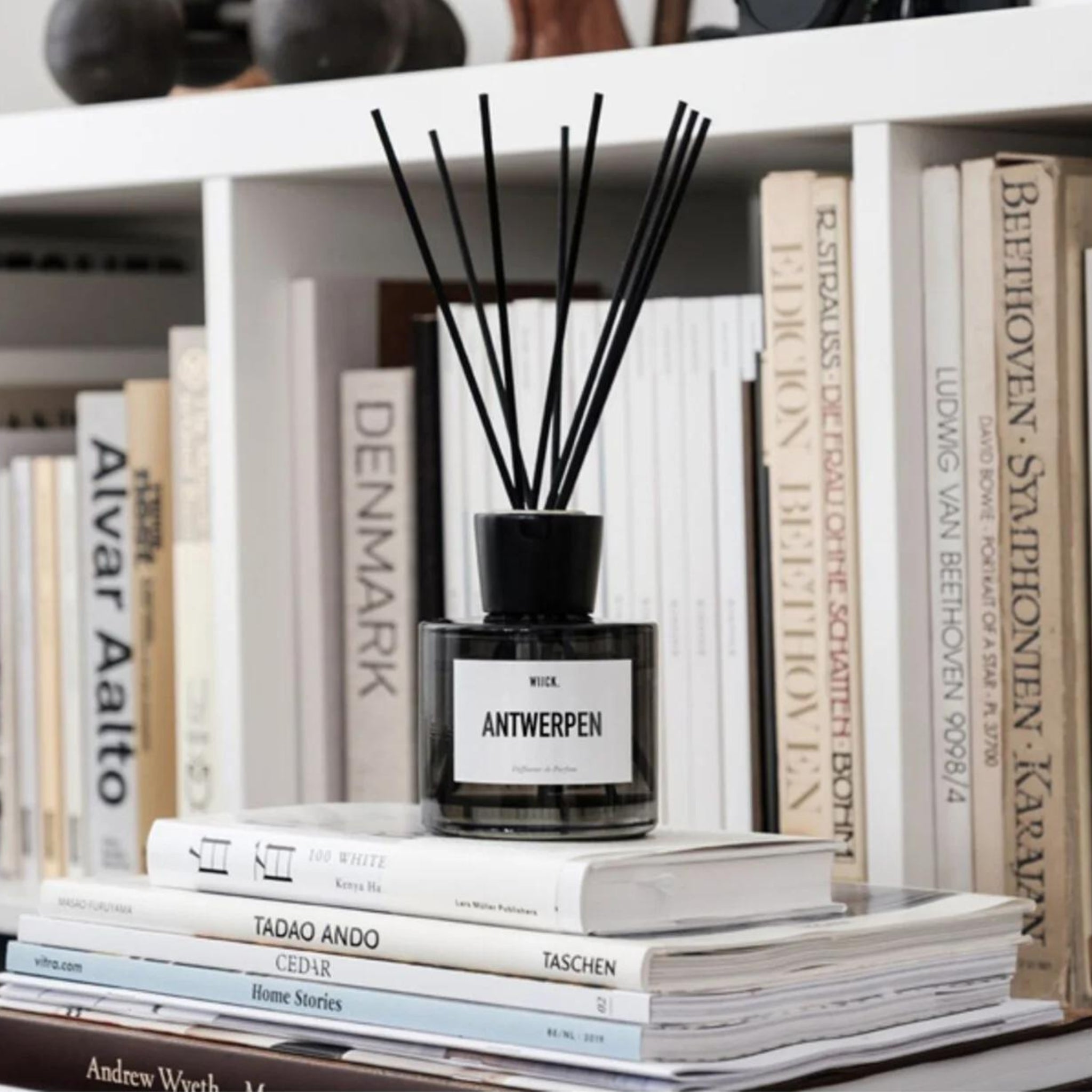 Een Wijck Diffuser Boulevard Antwerpen 200 ml van Wijck, met zwart riet, ligt bovenop een stapel boeken voor een boekenplank vol architectuur- en designtitels.