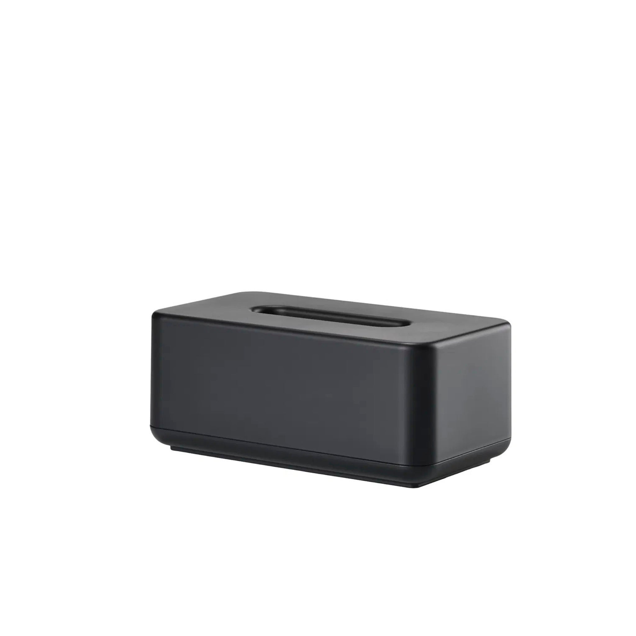 De Zone Denmark Ume Tissuebox Zwart, een rechthoekige zwarte tissuehouder met een gleuf aan de bovenkant voor het uitgeven van tissues, wordt getoond tegen een effen witte achtergrond.