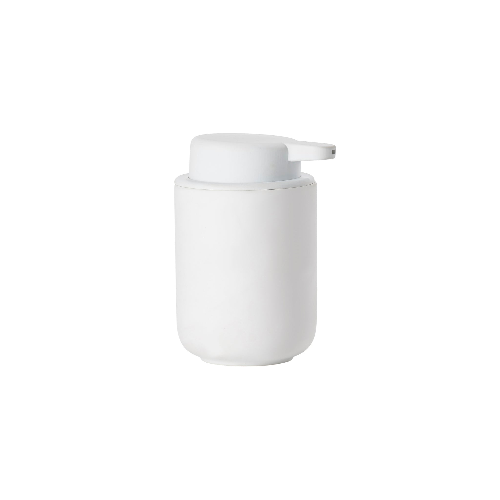 De Zone Denmark Ume Zeepdispenser Wit heeft een strak, wit cilindervormig ontwerp met een pomptop - ideaal voor een moderne badkamer - en wordt afgebeeld tegen een effen witte achtergrond.
