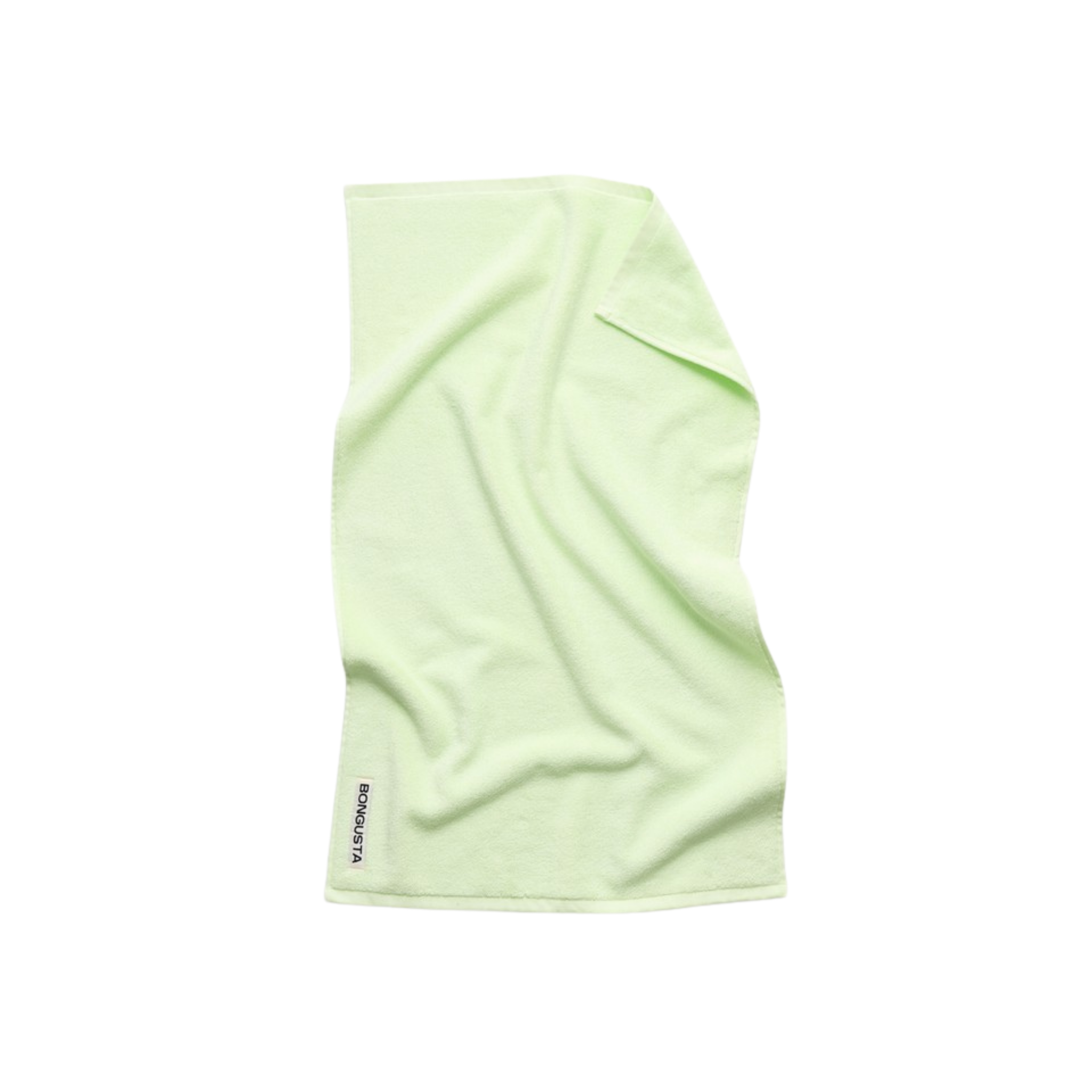 De Bongusta Naram Handdoek Lemon Sorbet 50/80 is een lichtgroene, zachte handdoek van biologisch katoen met gekreukelde textuur en een klein zwart label in één hoek, getoond op een witte achtergrond.