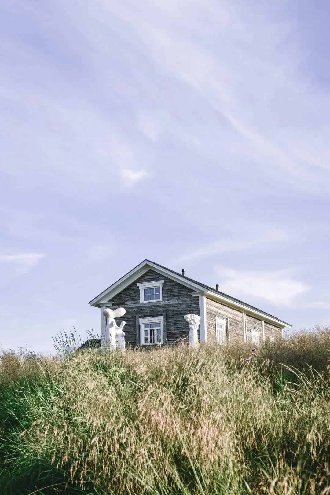 Een rustiek houten huis staat op een met gras begroeide heuvel onder een halfbewolkte hemel. Het omringende hoge gras en de wit gebeeldhouwde figuren roepen verhalen op uit het Cozy Publishing Eet Finland Kookboek, geïnspireerd op Scandinavische culinaire tradities.