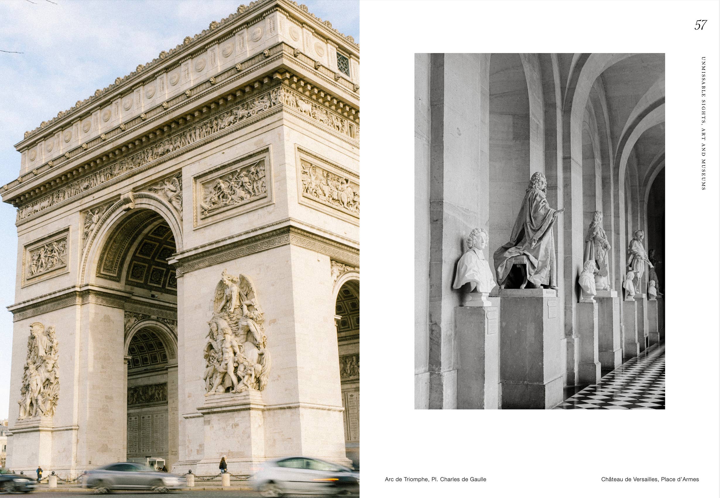 Afbeeldingen naast elkaar: de Arc de Triomphe in Parijs en marmeren beelden in Versailles - ideale inspiratie voor je Cozy Publishing Parijs Dromerige tips voor de stad van de liefde Reisgids van Cozy Publishing.