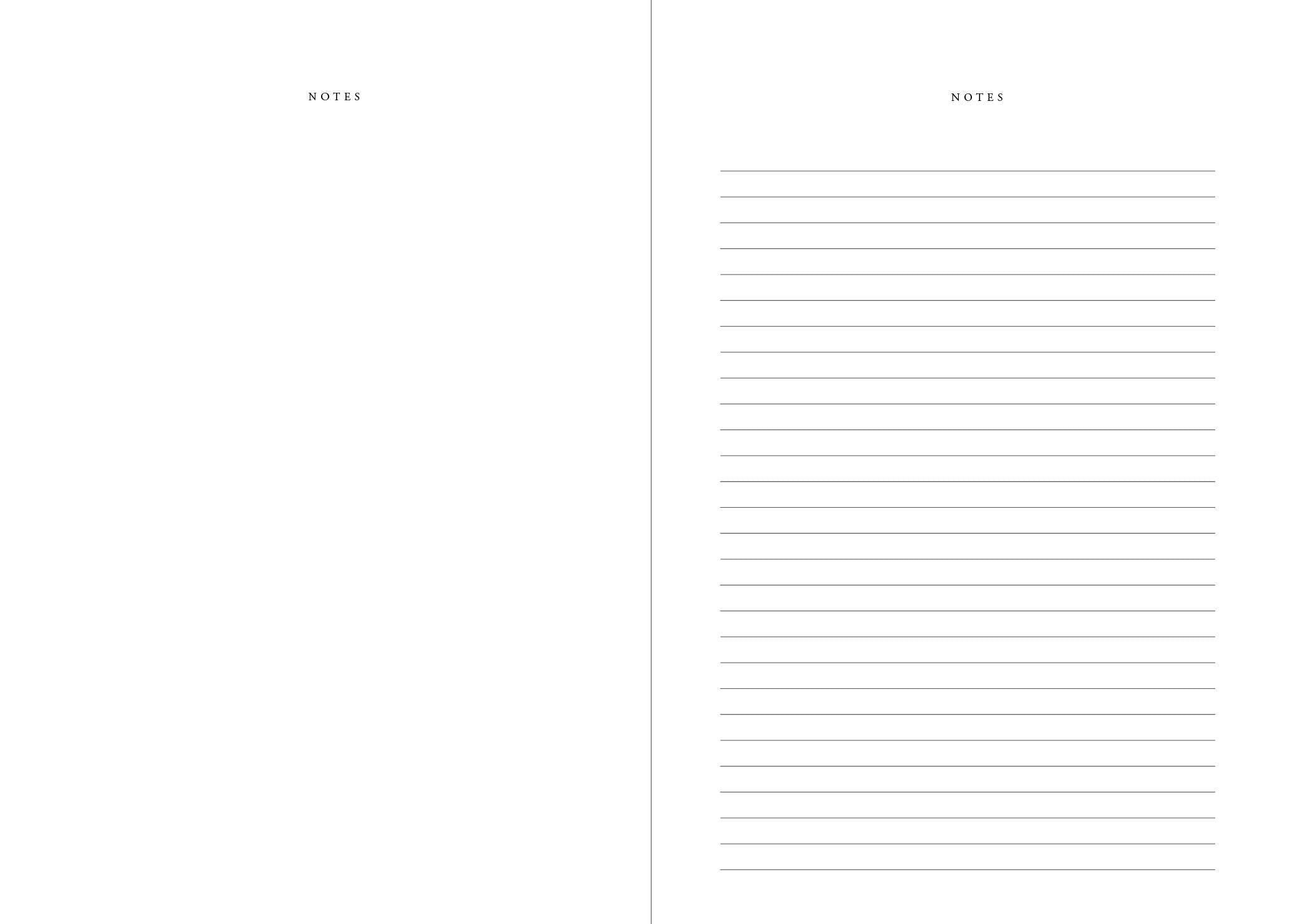 Twee naast elkaar liggende pagina's van de Cozy Publishing Planner 2026 You Are Made of Magic: de linkerpagina is blanco met uitzondering van "NOTES" bovenaan, terwijl de rechterpagina met gelinieerde NOTES perfect past bij koffiekleurig linnen kaften.