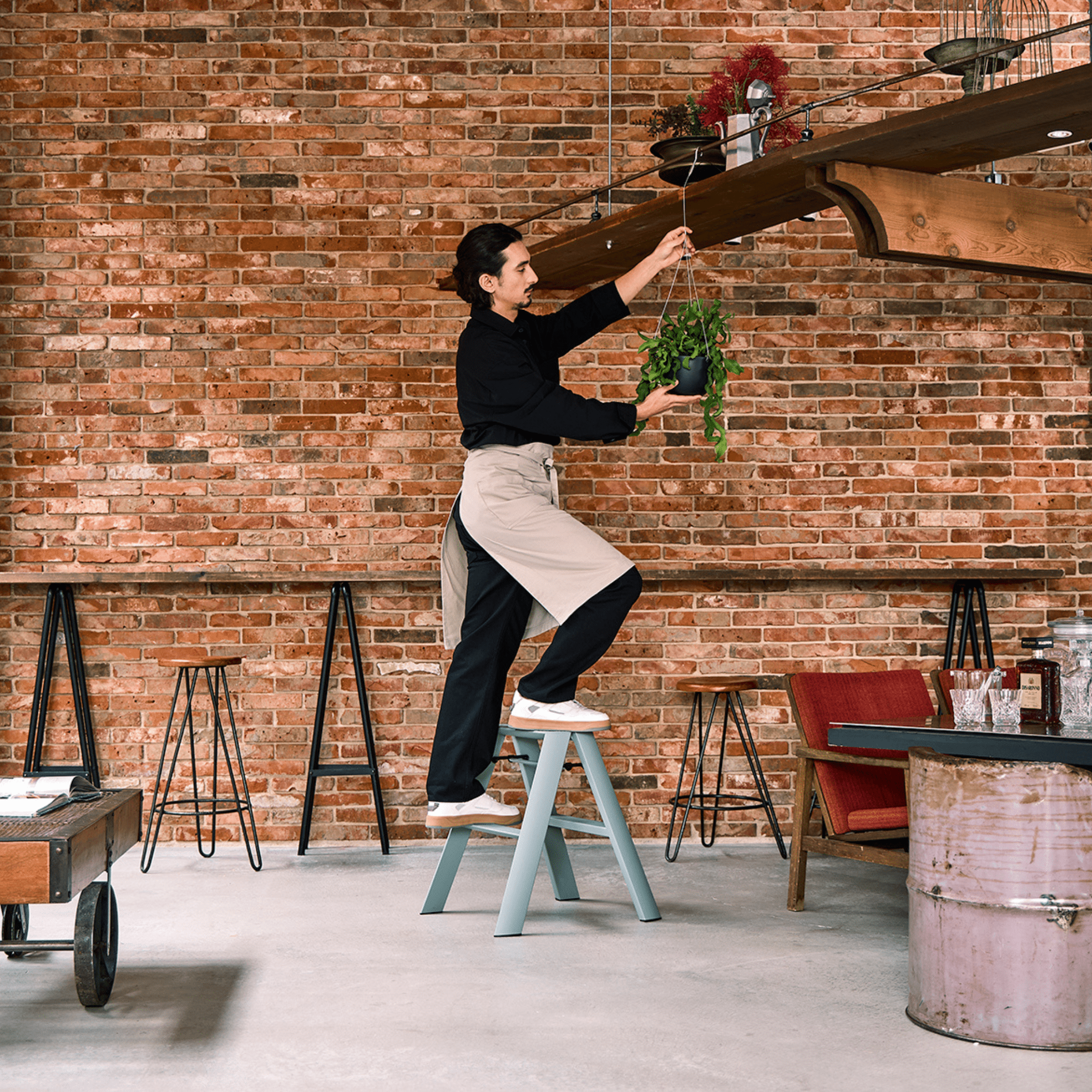 Staande op een Hasegawa Lucano Ladder 2 Stap Dusty Mint, schikt een persoon een hangende plant op een plank in een kamer met zichtbare bakstenen, barkrukken, een rode stoel en rustgevende dusty mint decoraccenten.