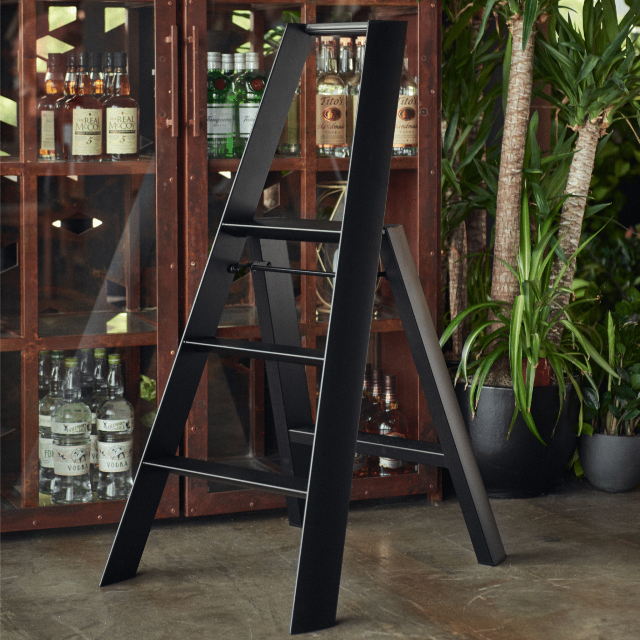 De Hasegawa Lucano Ladder 3 Stap Zwart Breed van Hasegawa staat open op beton bij een glazen kast met flessen en weelderige potplanten en benadrukt het strakke Japanse ontwerp.