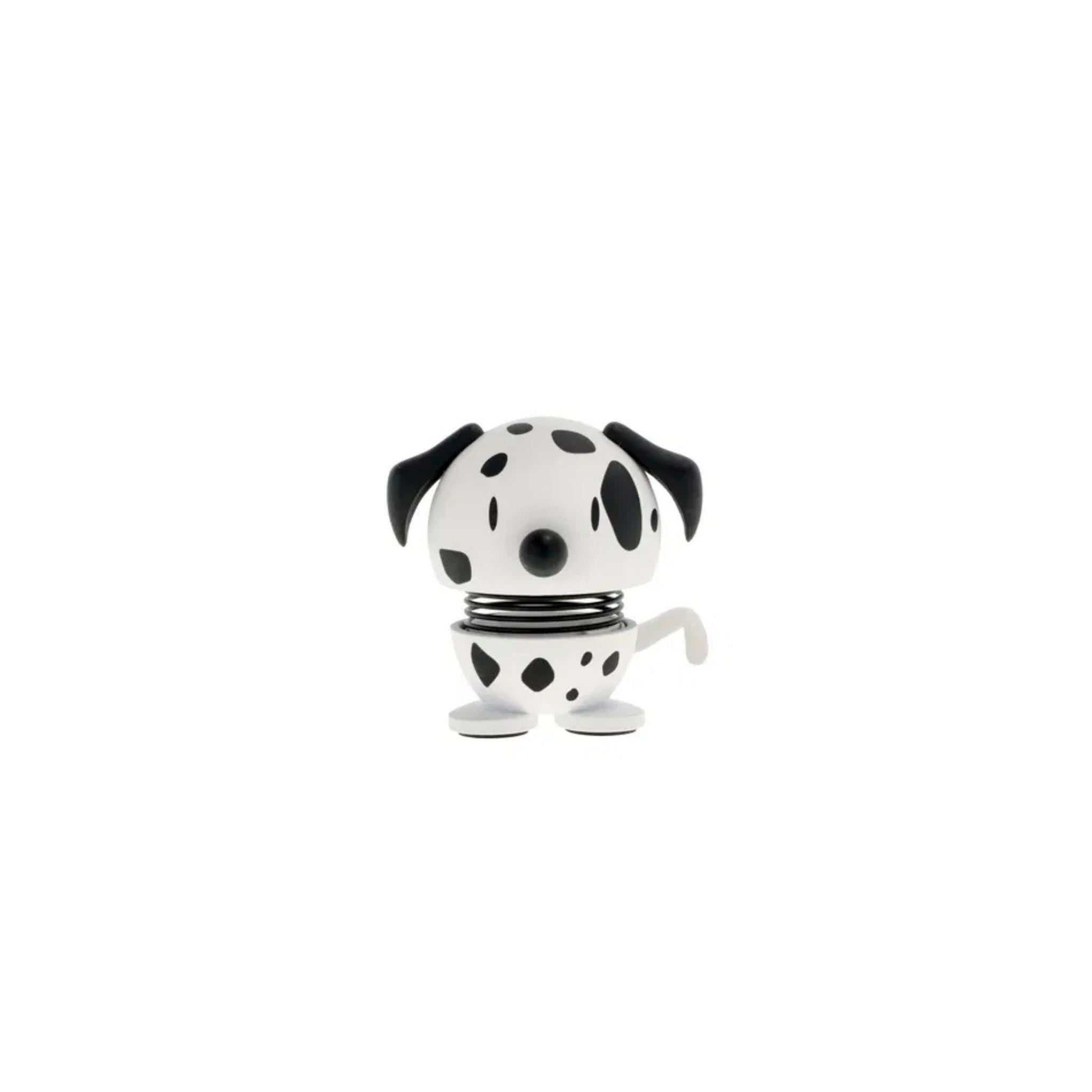 De Hoptimist Dalmatiër Hond Wit/Zwart XS van Hoptimist is een klein, rond, wit met zwart gevlekt speeltje met flaporen, gekrulde staart en een veerkrachtig lichaam - perfect voor hondenliefhebbers. Gefotografeerd tegen een effen witte achtergrond.
