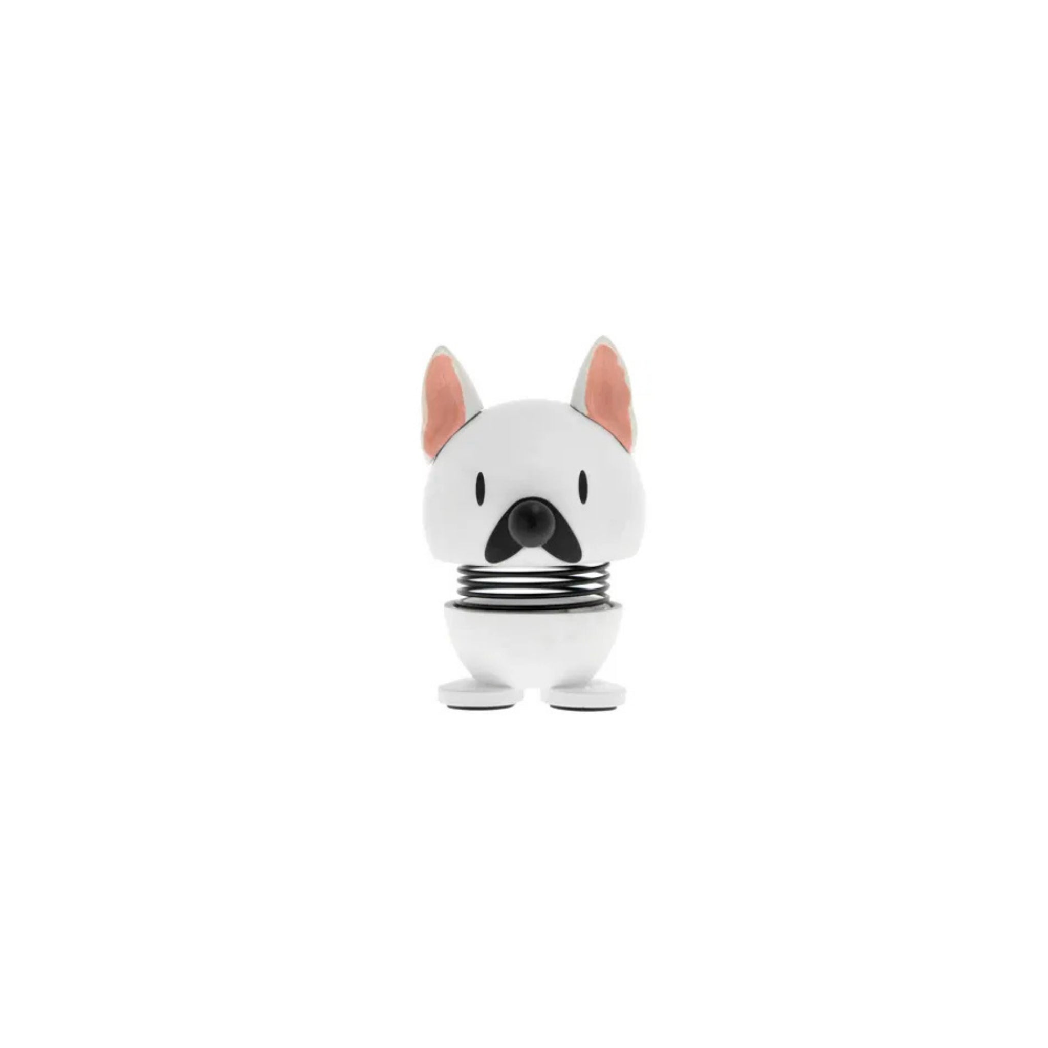 De Hoptimist Franse Bulldog Hond Wit/Zwart XS van Hoptimist is een klein bobblehead beeldje in wit en zwart met roze oren en zwarte ogen-perfect cadeau voor hondenliefhebbers. Afgebeeld op een effen witte achtergrond.