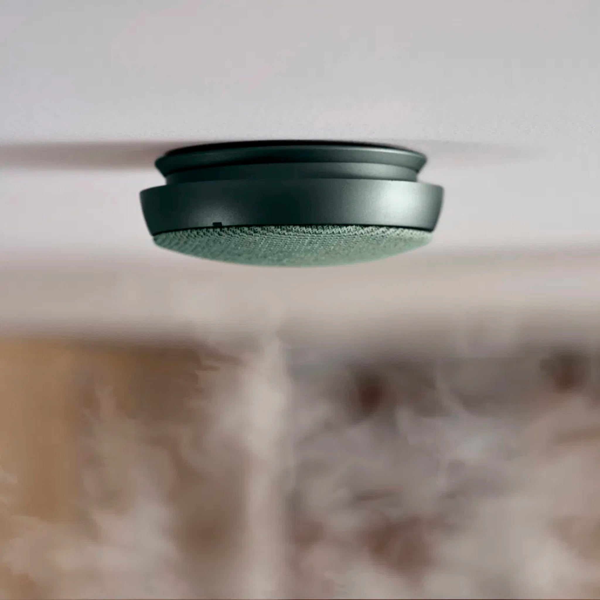 De Hoptimist Jacob Jensen Optical Rookmelder Groen D10, met een modern Scandinavisch ontwerp en donkergroene afwerking, is gemonteerd op een wit plafond terwijl er rook onder opstijgt.