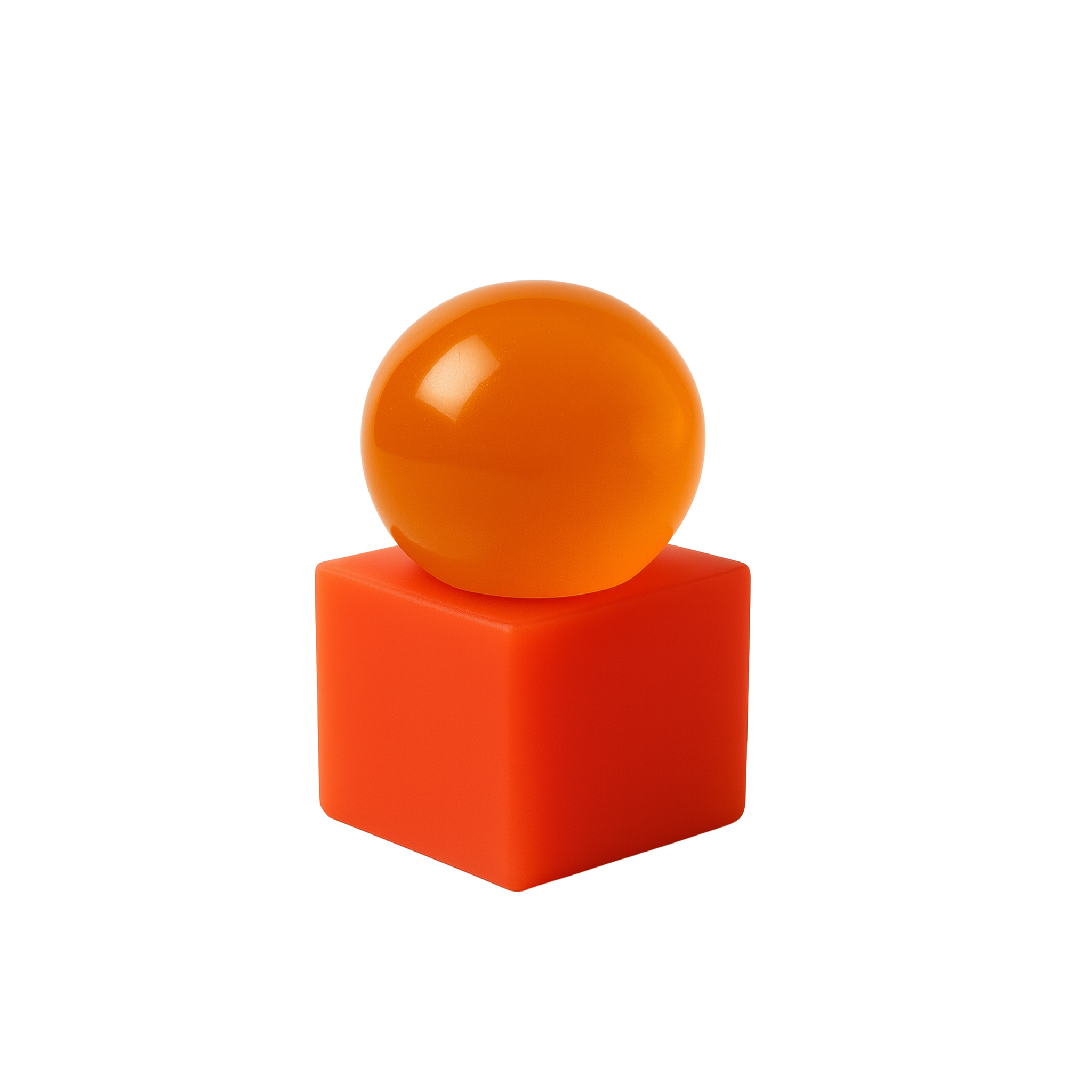 De Matias Moellenbach OBA Zeep + Houder Papaya van Matias Moellenbach bestaat uit een oranje bol die bovenop een massieve oranje kubus rust, tegen een effen witte achtergrond, en roept daarmee een sculpturaal ontwerp op dat is geïnspireerd door het moderne minimalisme.